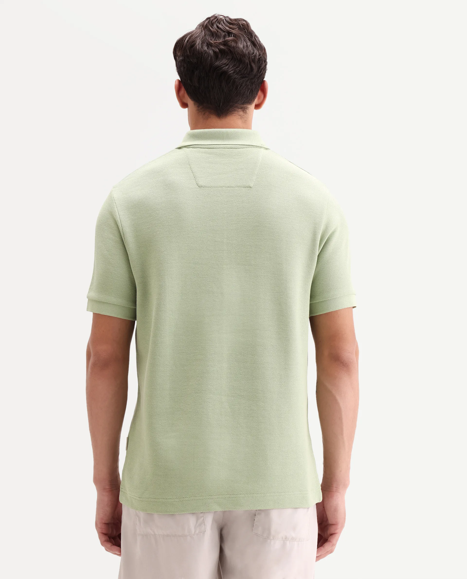 Rare Rabbit Men's Zaron Pastel Green Cotton Fabric Half Sleeve Spread Collar Regular Fit Plain Polo - Image 7