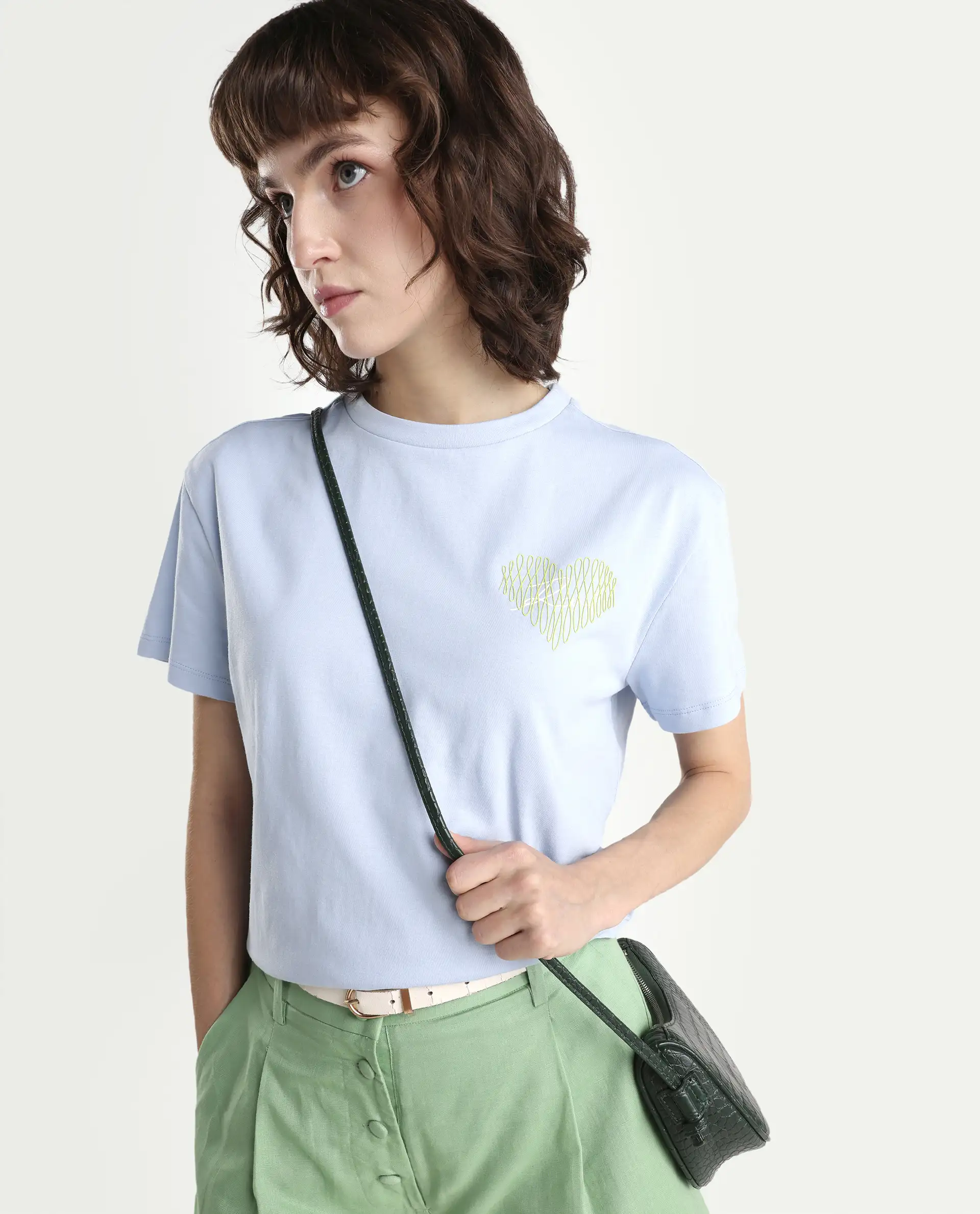Rareism Women's Zaron Light Blue Cotton Half Sleeve Relaxed Fit Hd Print T-Shirt