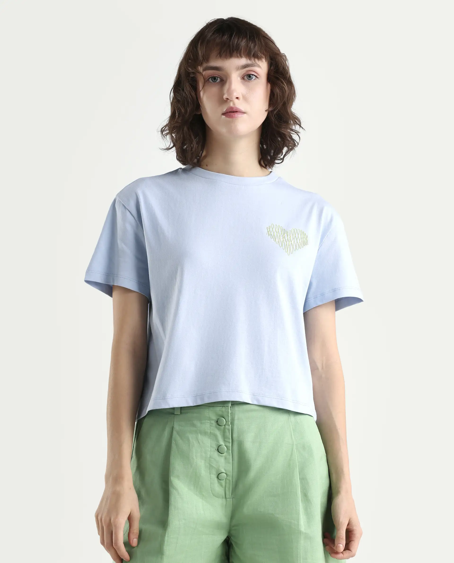 Rareism Women's Zaron Light Blue Cotton Half Sleeve Relaxed Fit Hd Print T-Shirt - Image 3