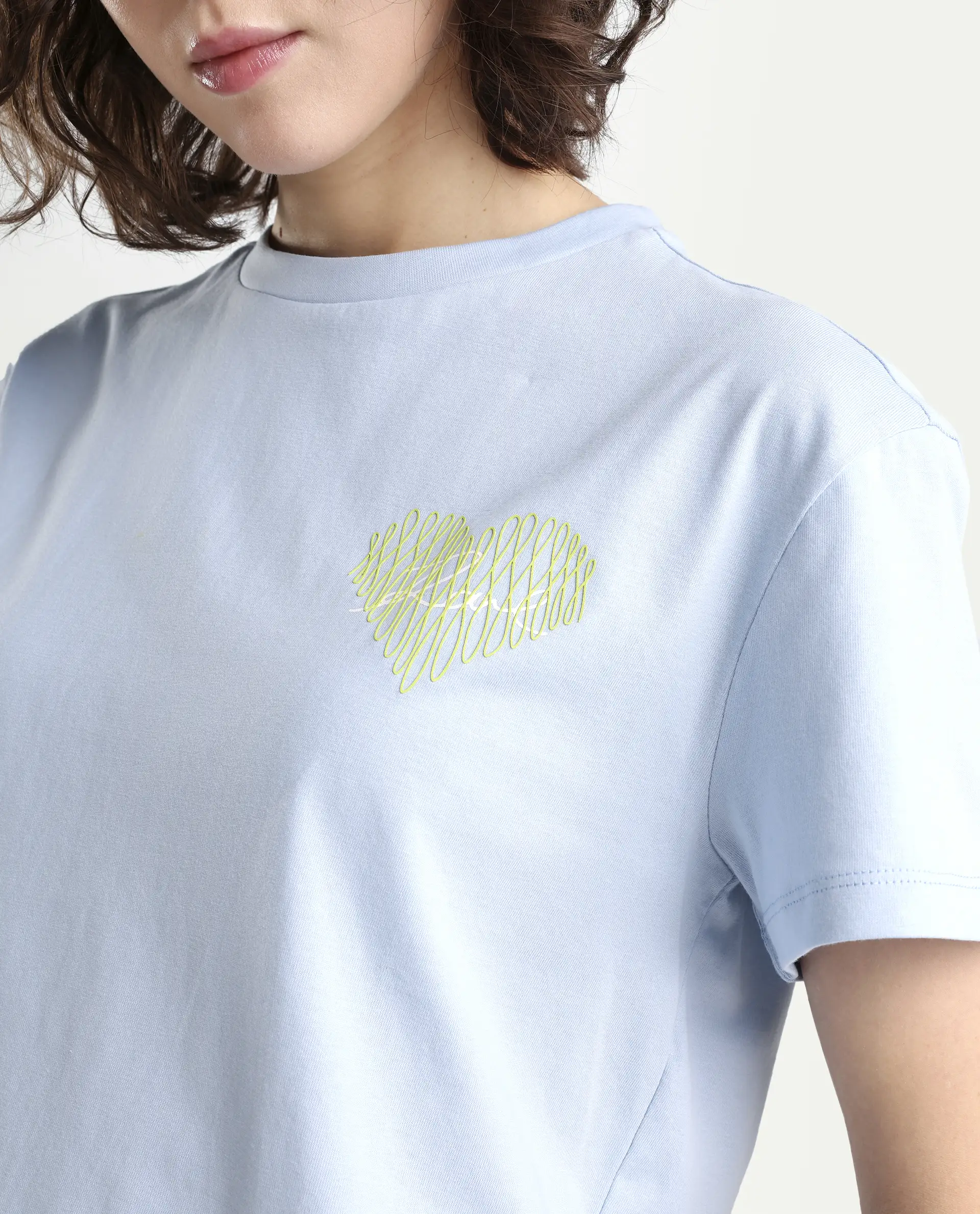 Rareism Women's Zaron Light Blue Cotton Half Sleeve Relaxed Fit Hd Print T-Shirt - Image 4