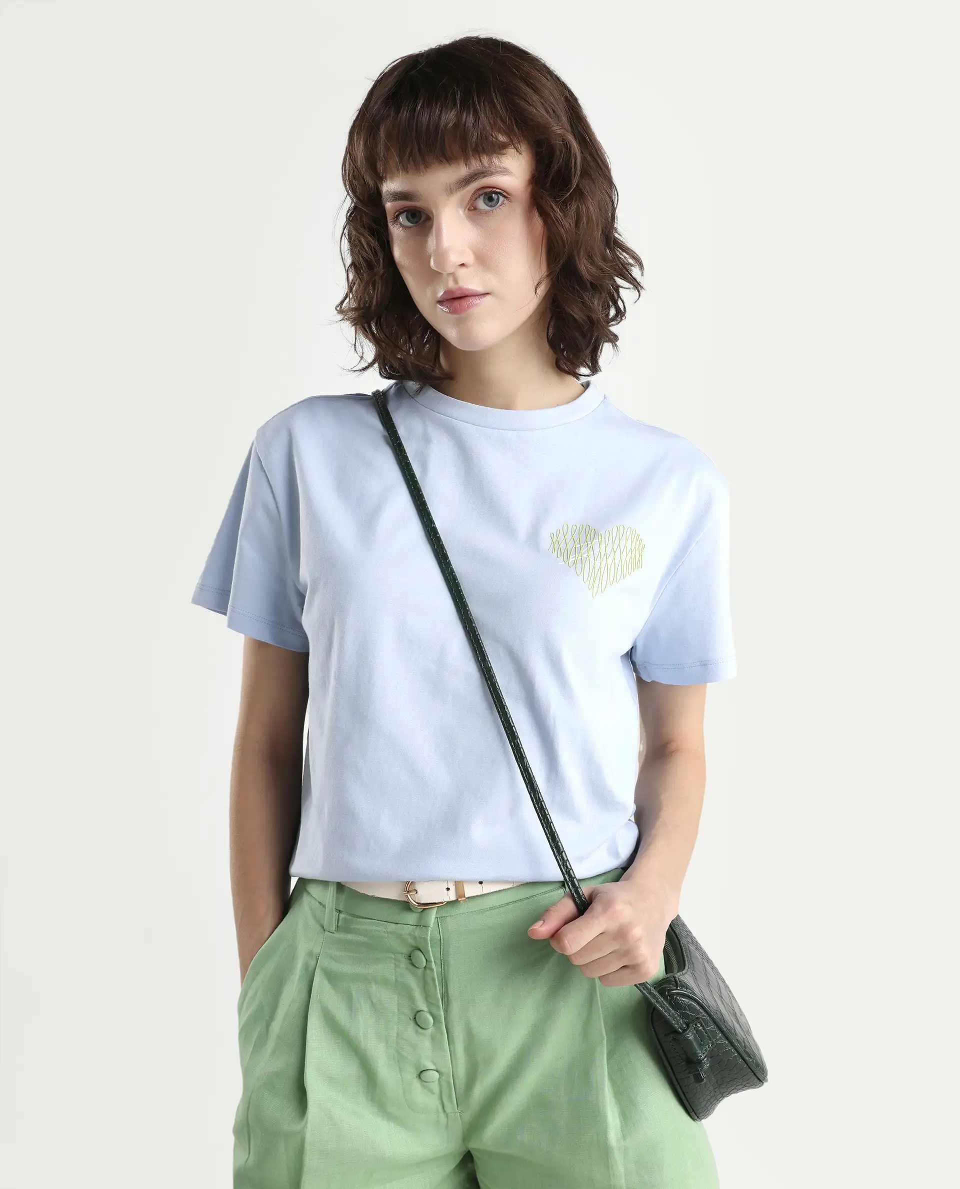 Rareism Women's Zaron Light Blue Cotton Half Sleeve Relaxed Fit Hd Print T-Shirt - Image 5