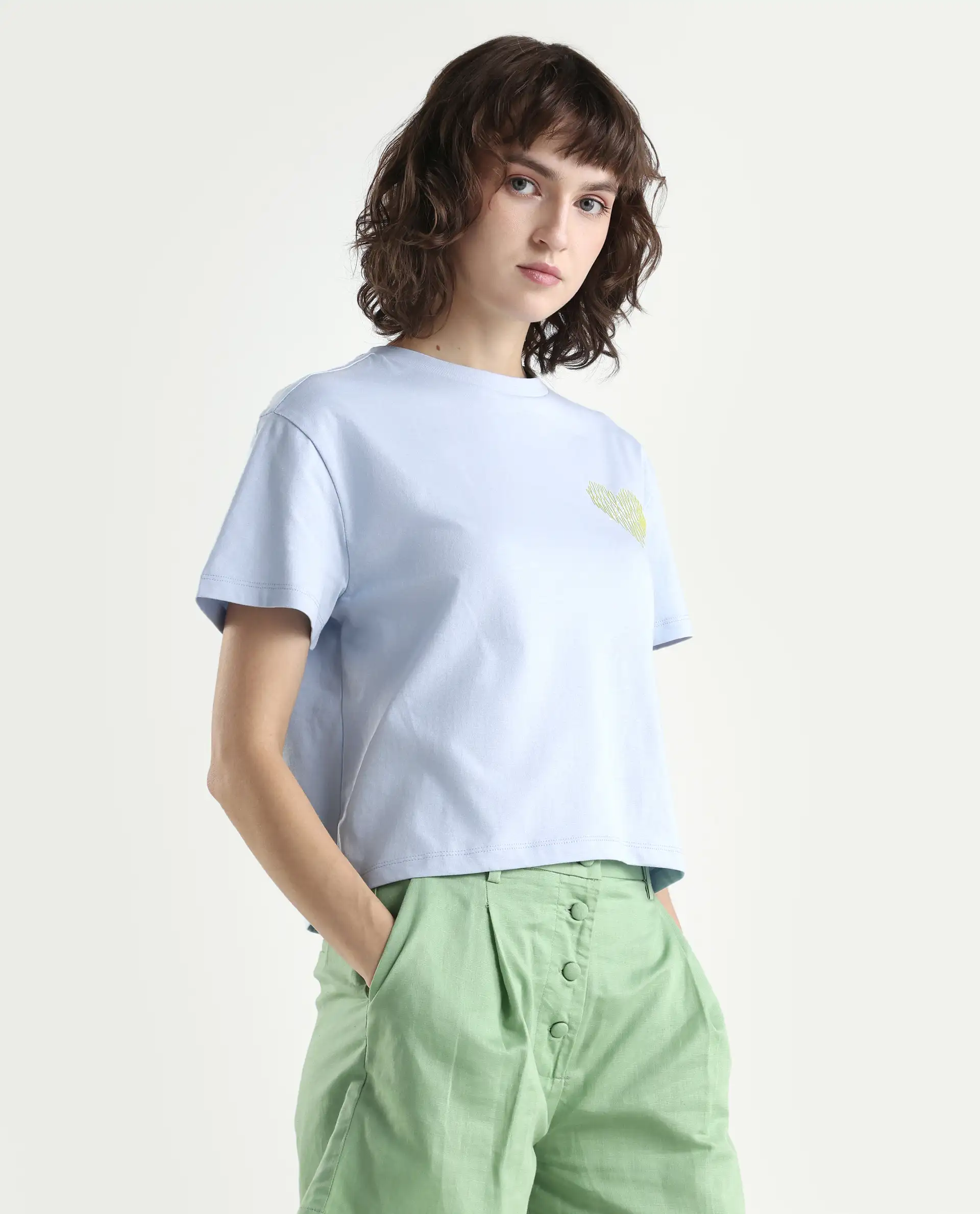 Rareism Women's Zaron Light Blue Cotton Half Sleeve Relaxed Fit Hd Print T-Shirt - Image 6