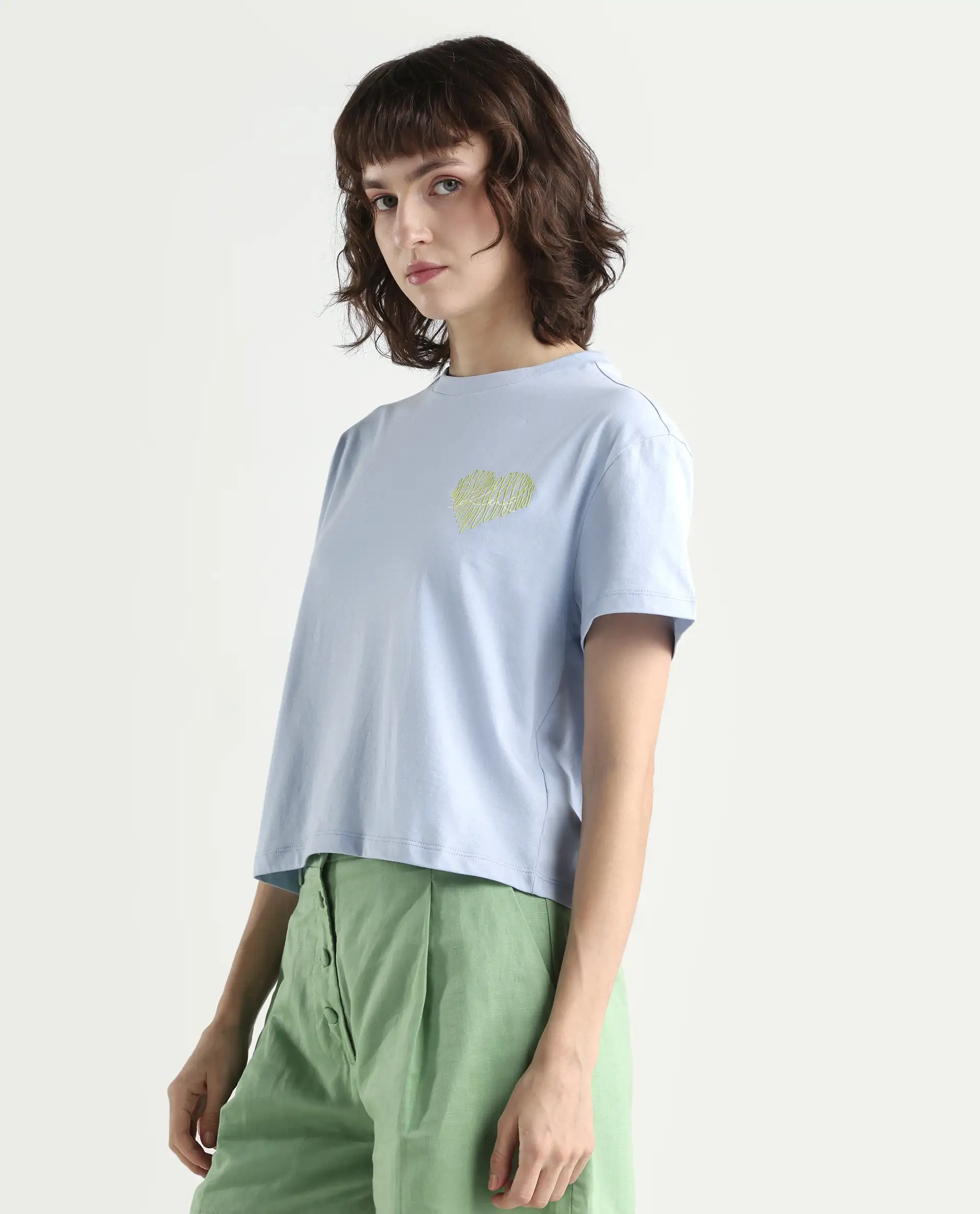 Rareism Women's Zaron Light Blue Cotton Half Sleeve Relaxed Fit Hd Print T-Shirt - Image 8