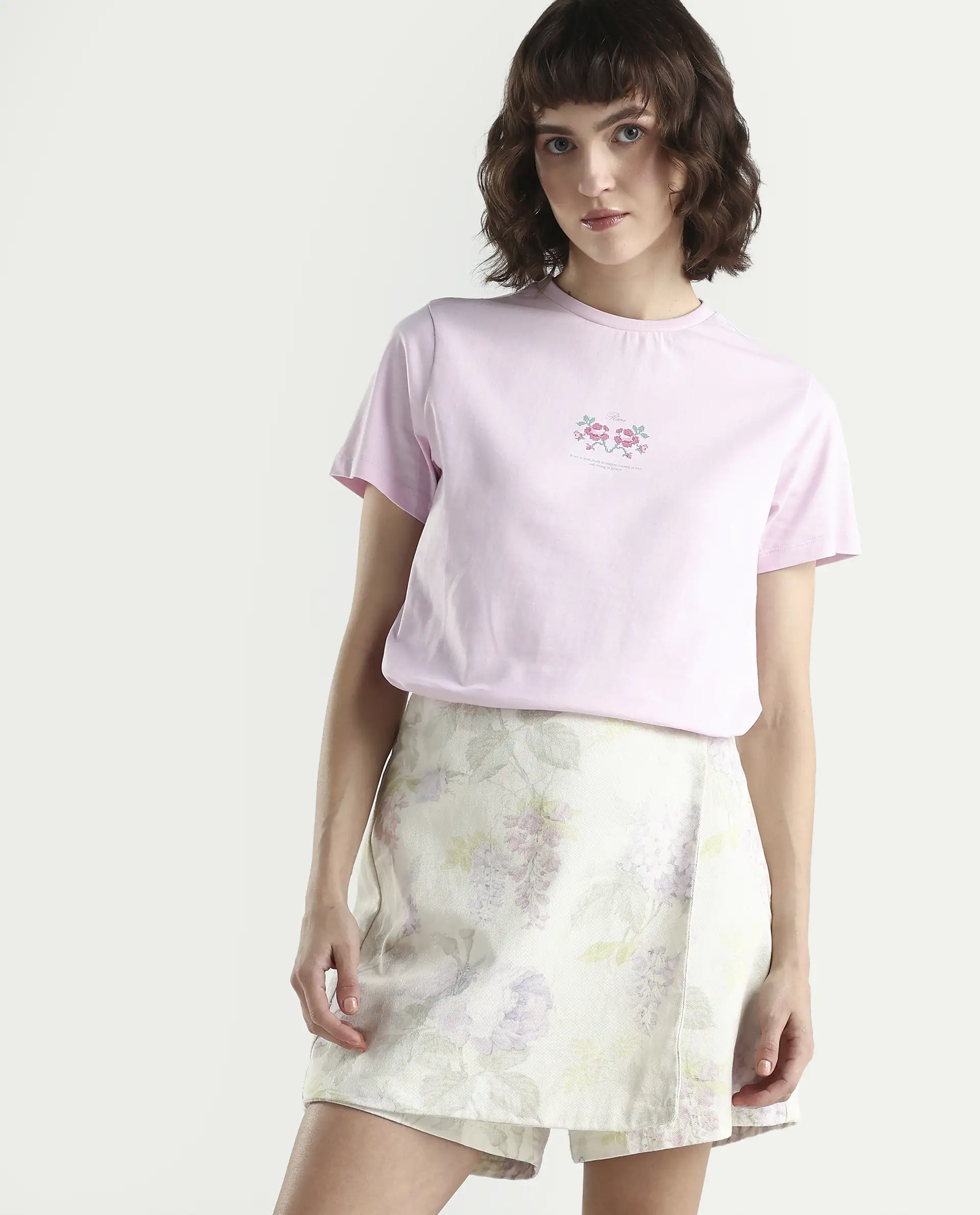 Rareism Women's Zarper Light Pink Cotton Half Sleeve Regular Fit Floral Print T-Shirt