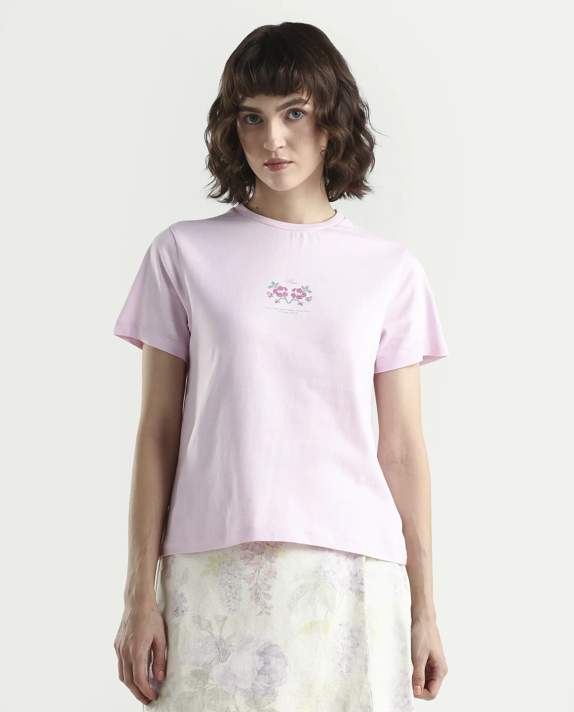 Rareism Women's Zarper Light Pink Cotton Half Sleeve Regular Fit Floral Print T-Shirt - Image 3