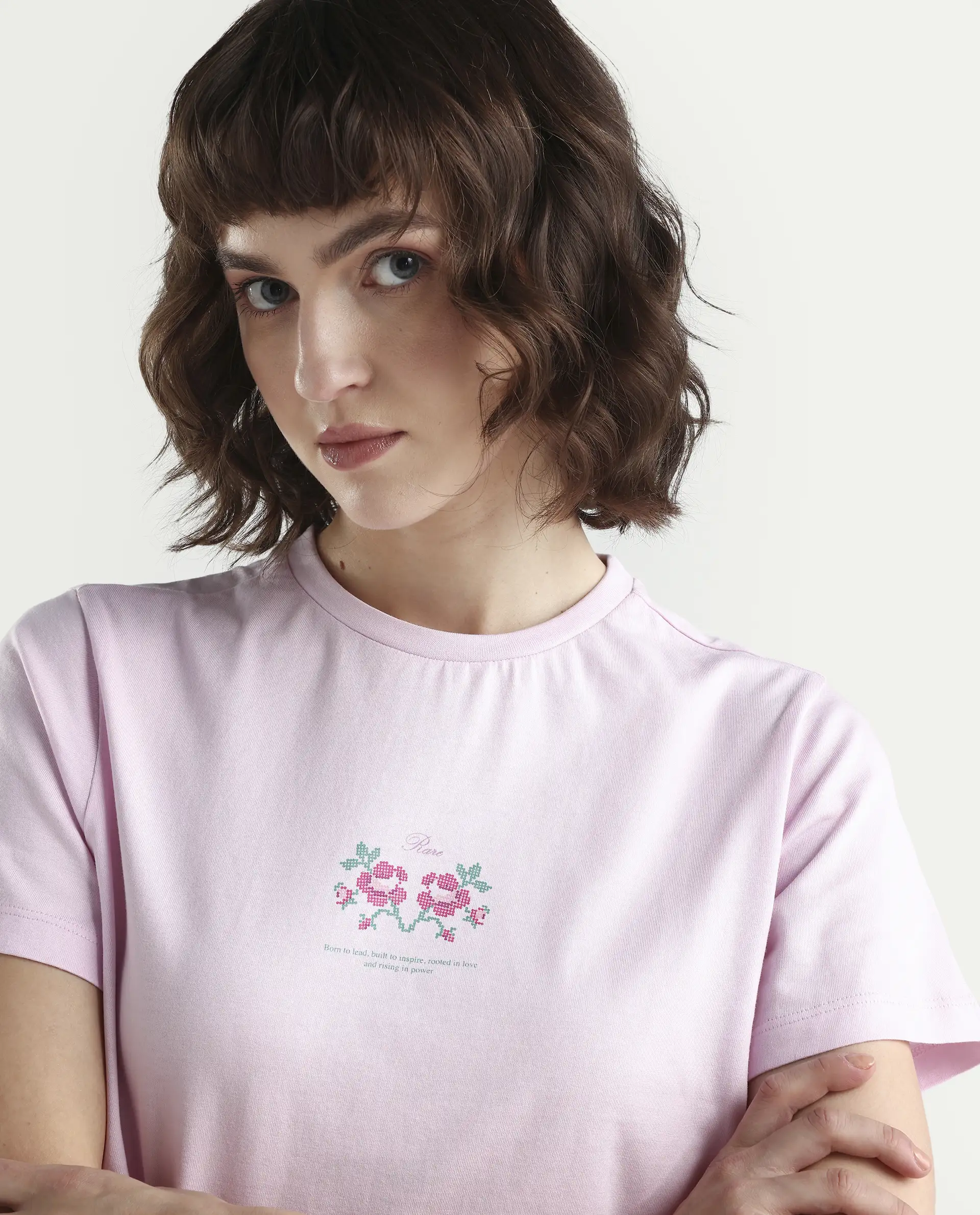 Rareism Women's Zarper Light Pink Cotton Half Sleeve Regular Fit Floral Print T-Shirt - Image 4
