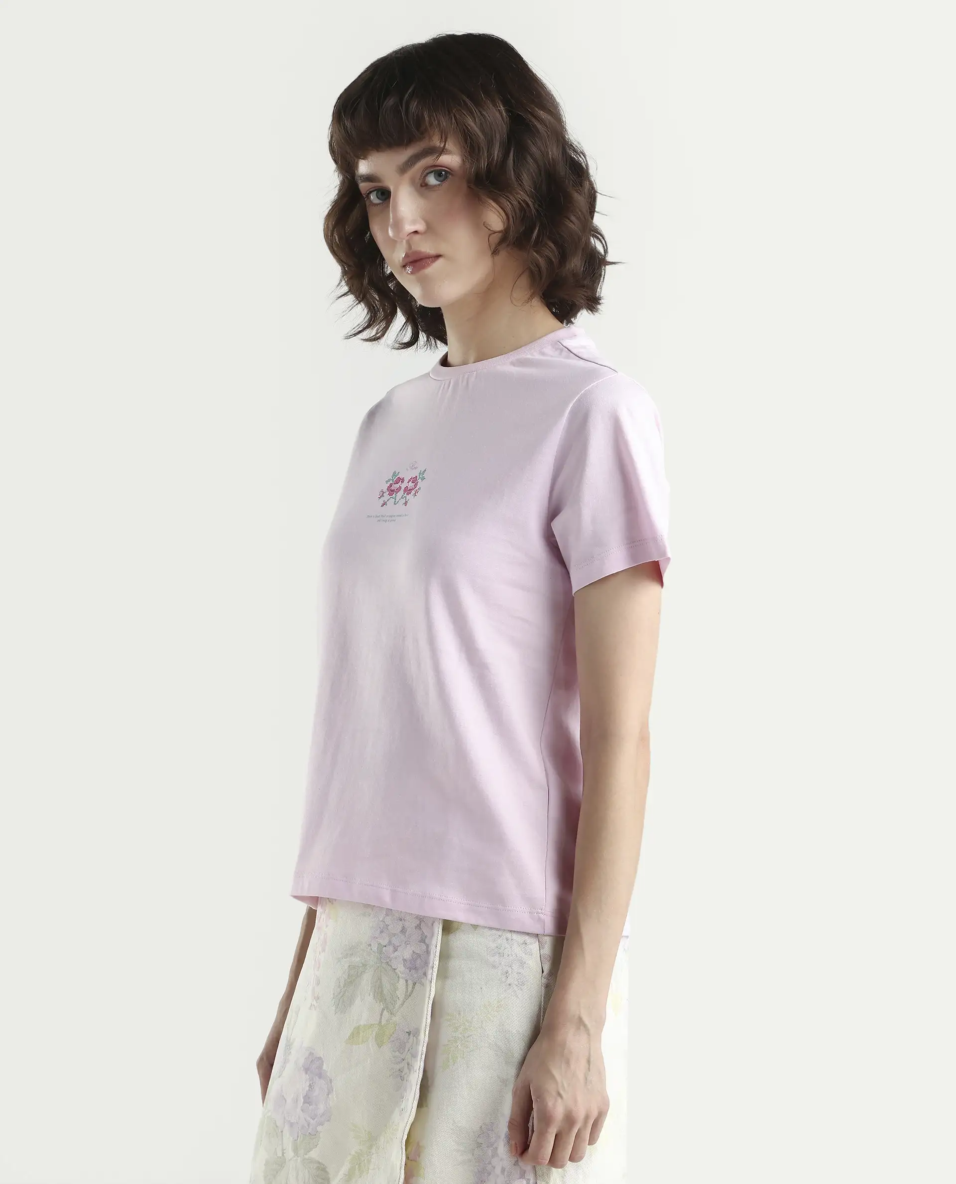 Rareism Women's Zarper Light Pink Cotton Half Sleeve Regular Fit Floral Print T-Shirt - Image 5