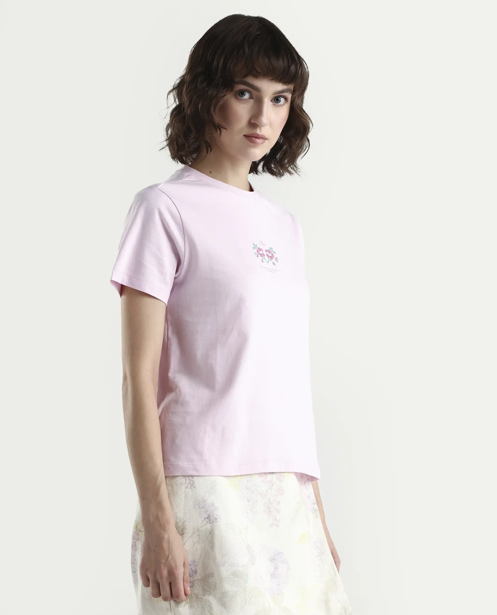 Rareism Women's Zarper Light Pink Cotton Half Sleeve Regular Fit Floral Print T-Shirt - Image 6