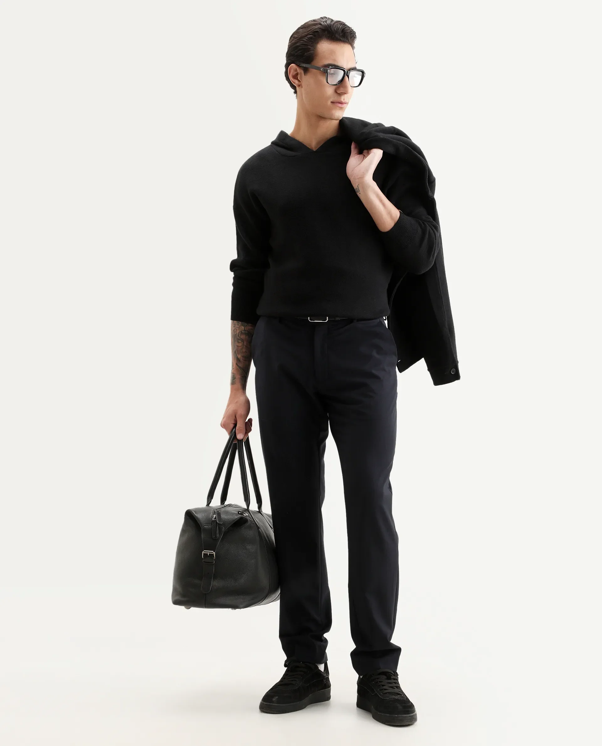 Rare Rabbit Men's Zarr Black Cotton Plain Regular Fit Full Sleeve Hooded Sweater - Image 2