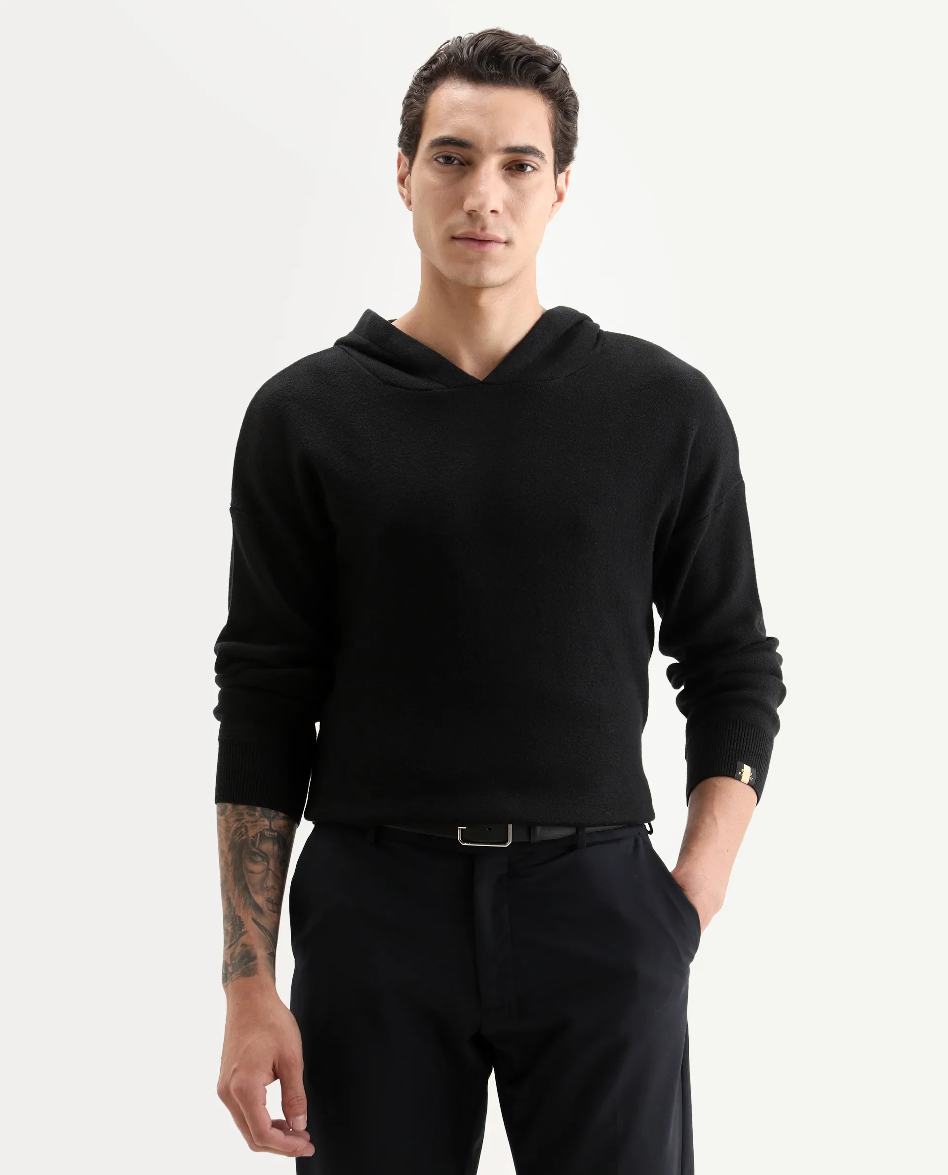 Rare Rabbit Men's Zarr Black Cotton Plain Regular Fit Full Sleeve Hooded Sweater - Image 3