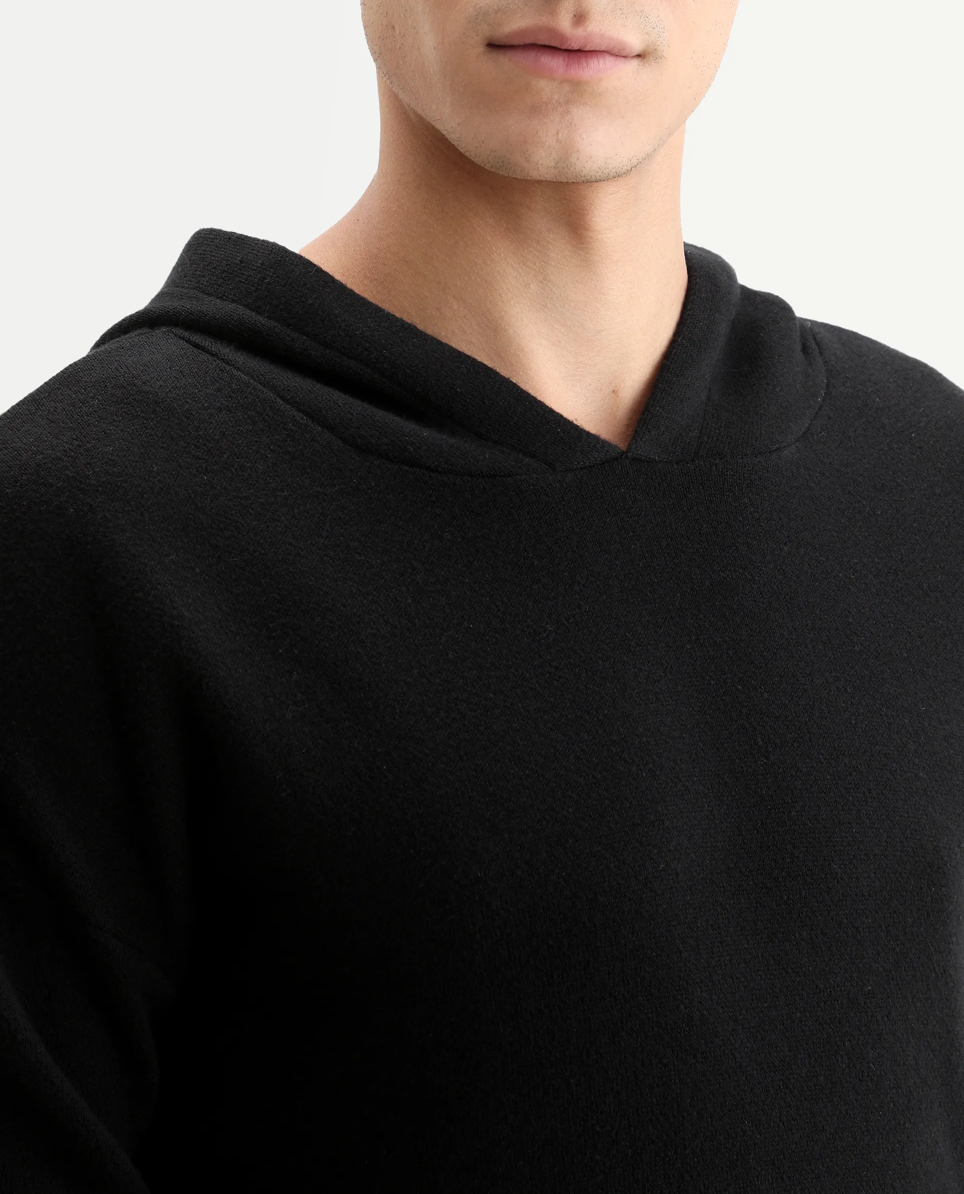 Rare Rabbit Men's Zarr Black Cotton Plain Regular Fit Full Sleeve Hooded Sweater - Image 4