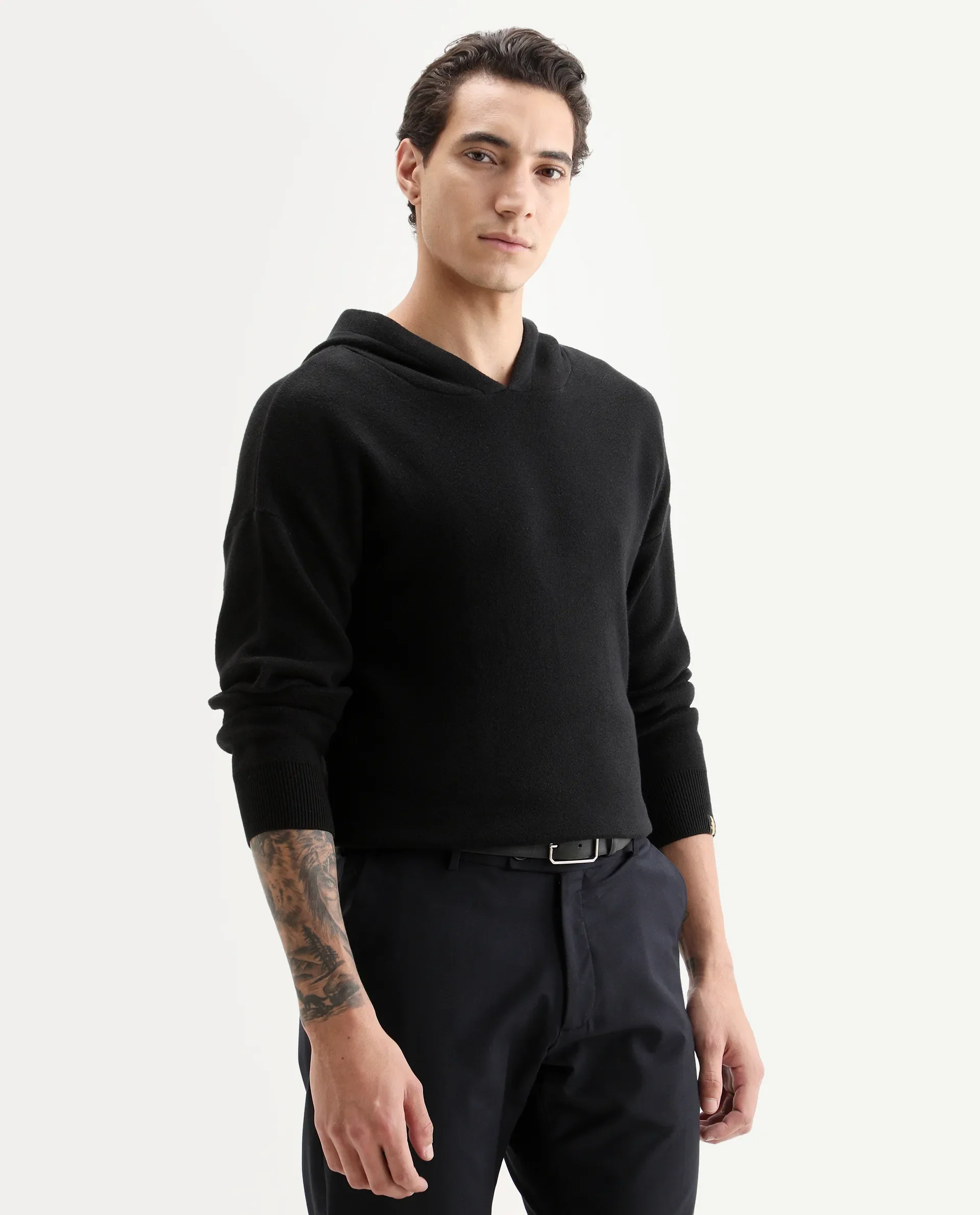 Rare Rabbit Men's Zarr Black Cotton Plain Regular Fit Full Sleeve Hooded Sweater - Image 5