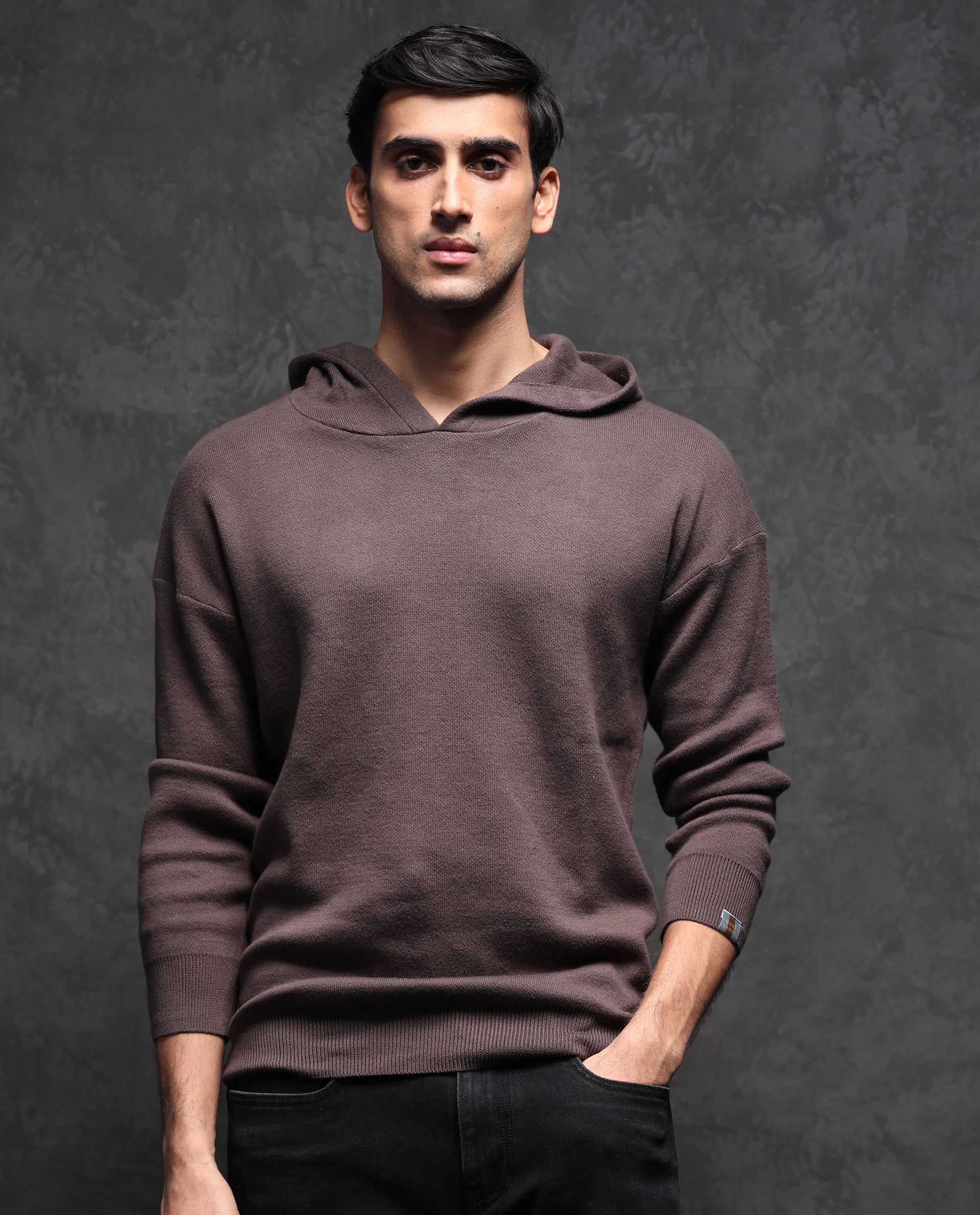 Rare Rabbit Men's Zarr Brown Cotton Plain Regular Fit Full Sleeve Hooded Sweater - Image 5