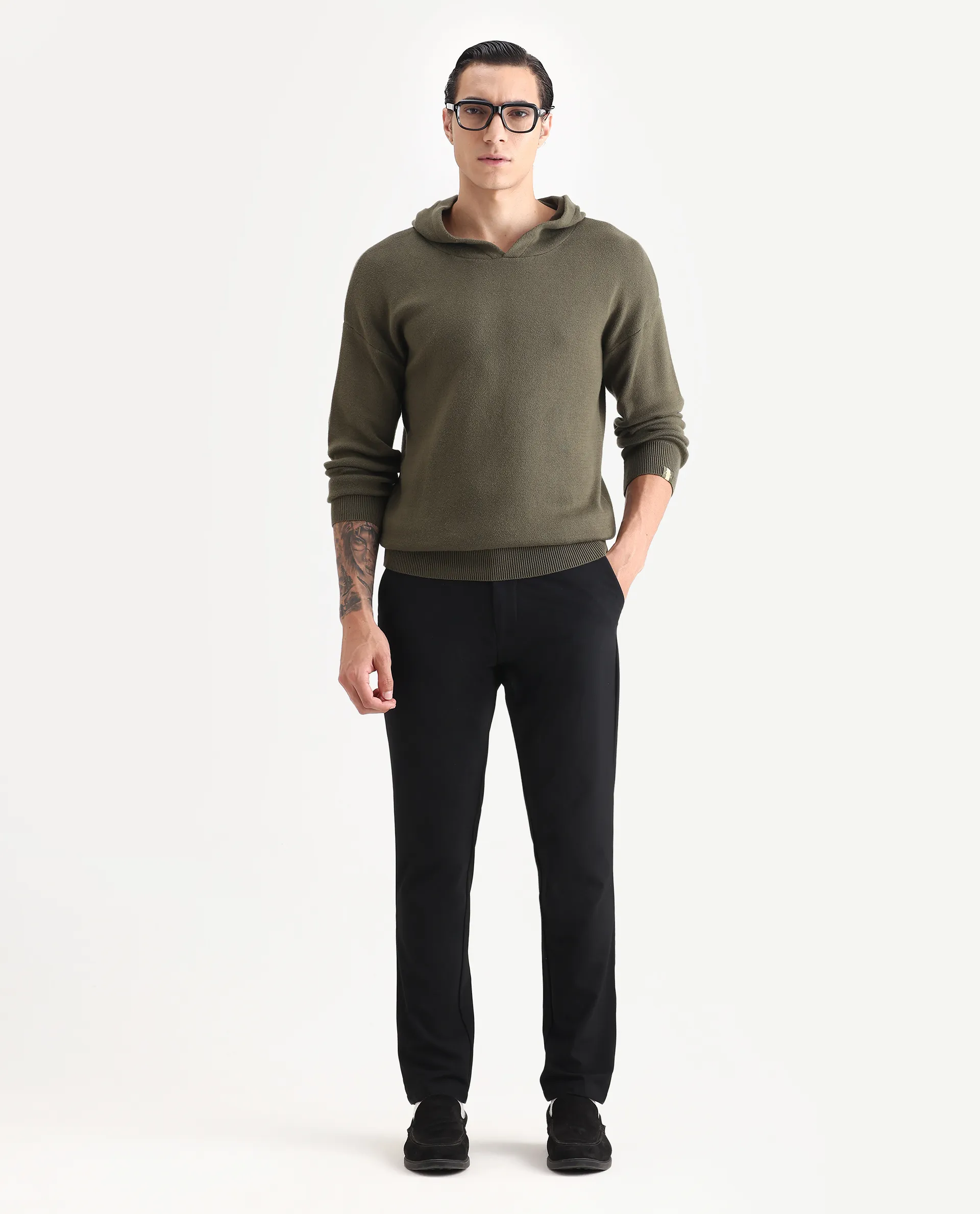Rare Rabbit Men's Zarr Olive Cotton Plain Regular Fit Full Sleeve Hooded Sweater - Image 2