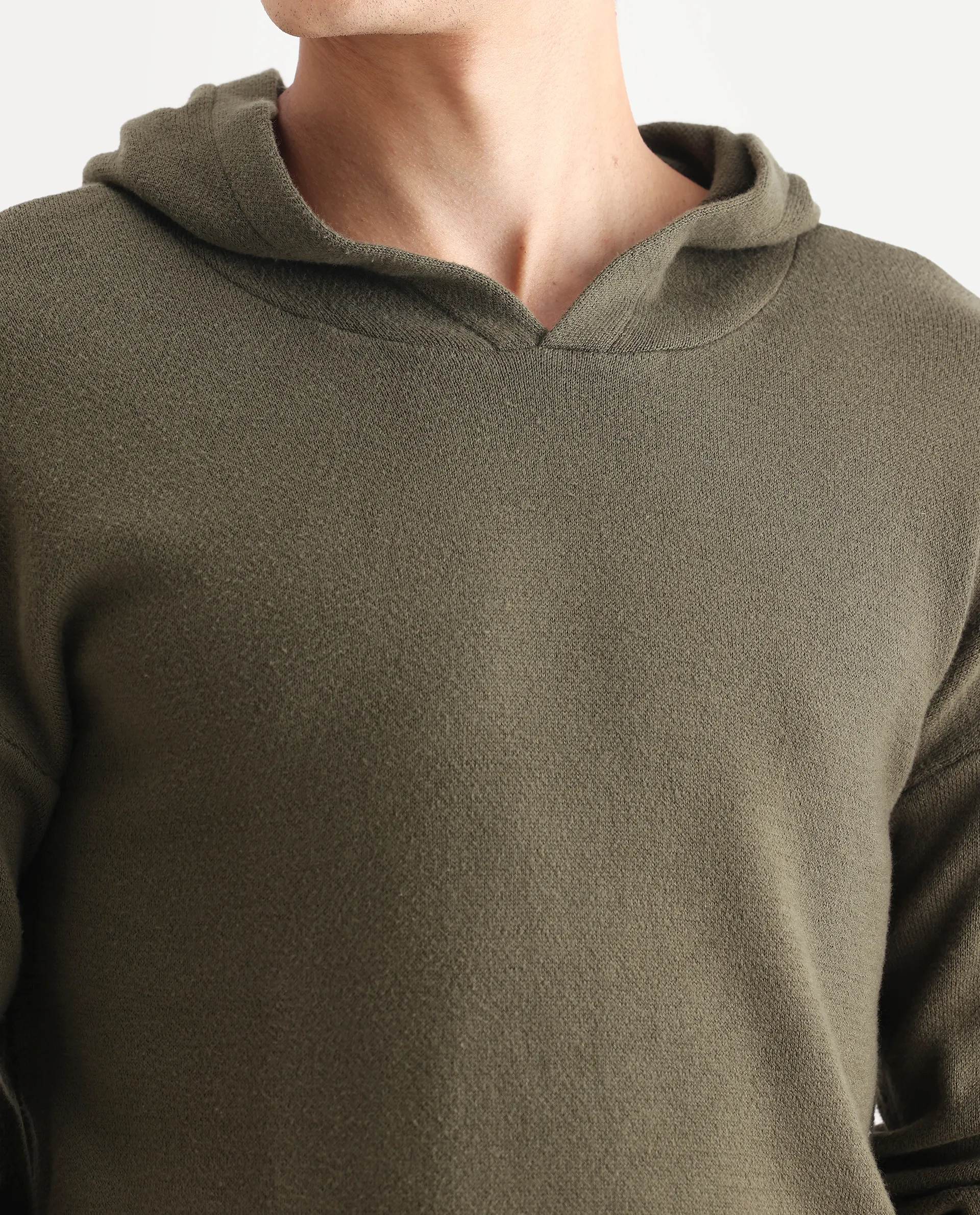 Rare Rabbit Men's Zarr Olive Cotton Plain Regular Fit Full Sleeve Hooded Sweater - Image 3