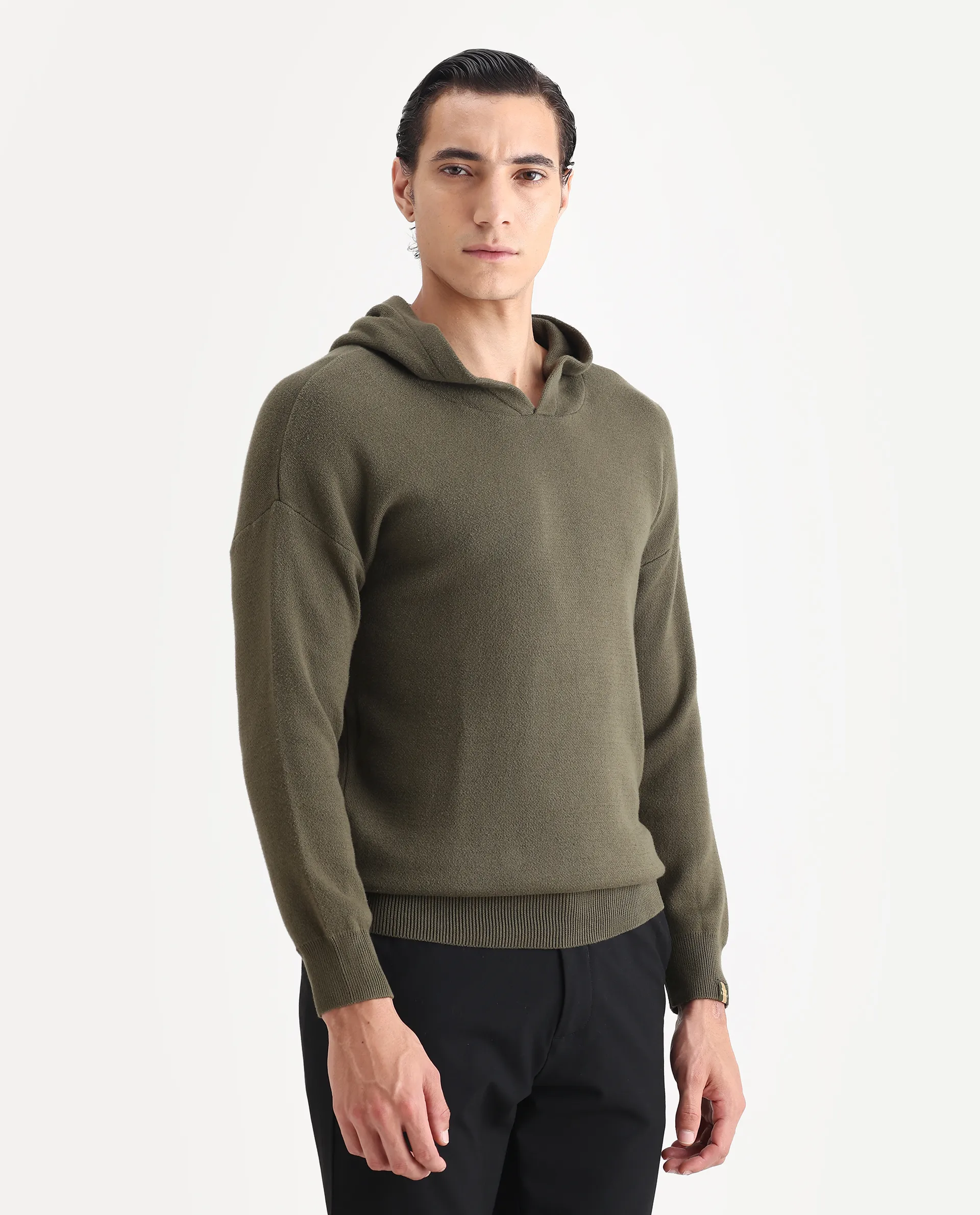 Rare Rabbit Men's Zarr Olive Cotton Plain Regular Fit Full Sleeve Hooded Sweater - Image 4