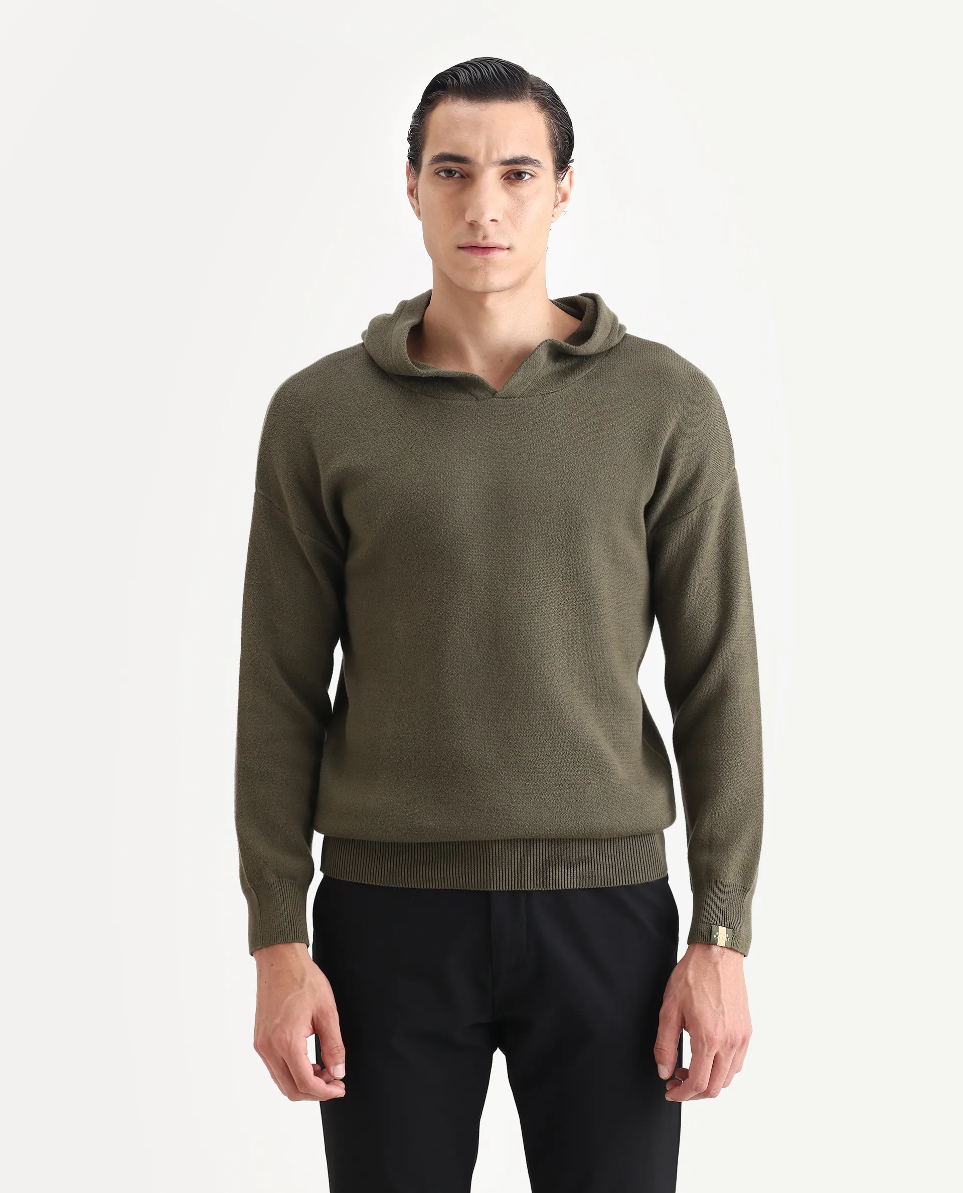 Rare Rabbit Men's Zarr Olive Cotton Plain Regular Fit Full Sleeve Hooded Sweater - Image 5