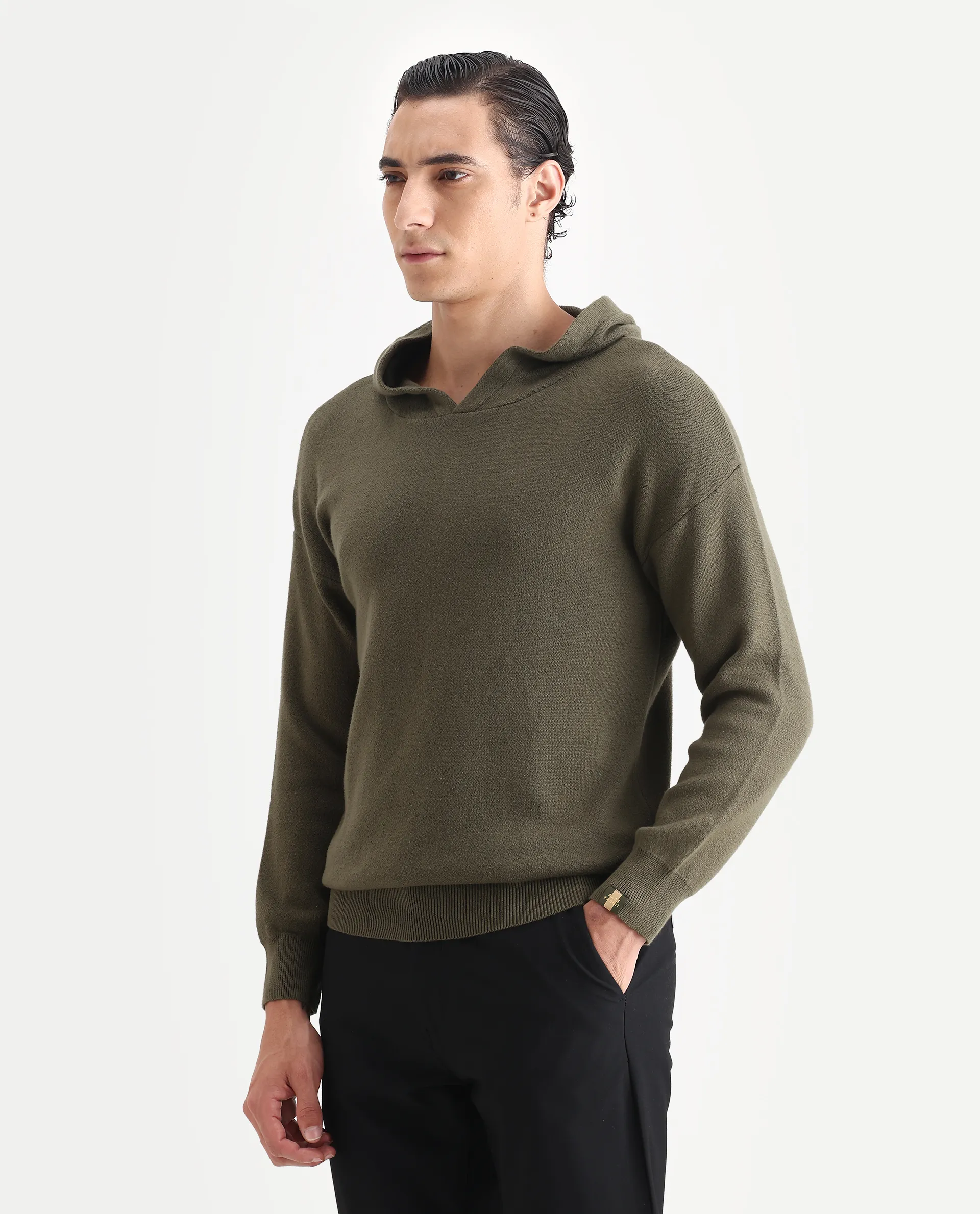 Rare Rabbit Men's Zarr Olive Cotton Plain Regular Fit Full Sleeve Hooded Sweater - Image 6