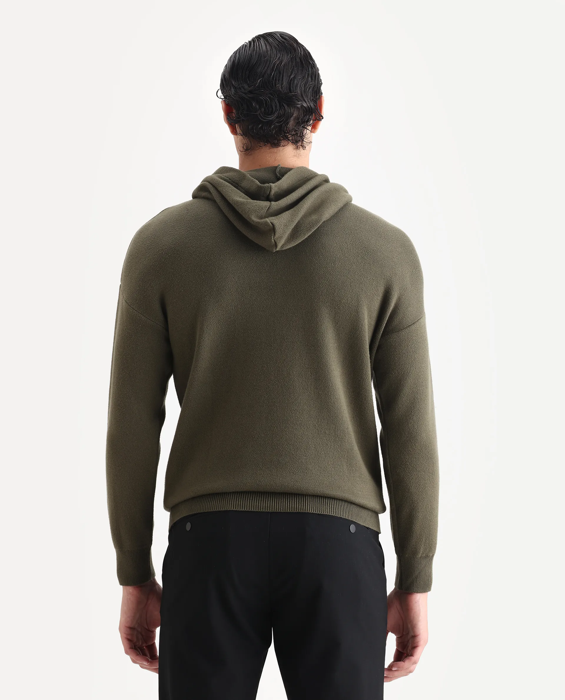 Rare Rabbit Men's Zarr Olive Cotton Plain Regular Fit Full Sleeve Hooded Sweater - Image 7