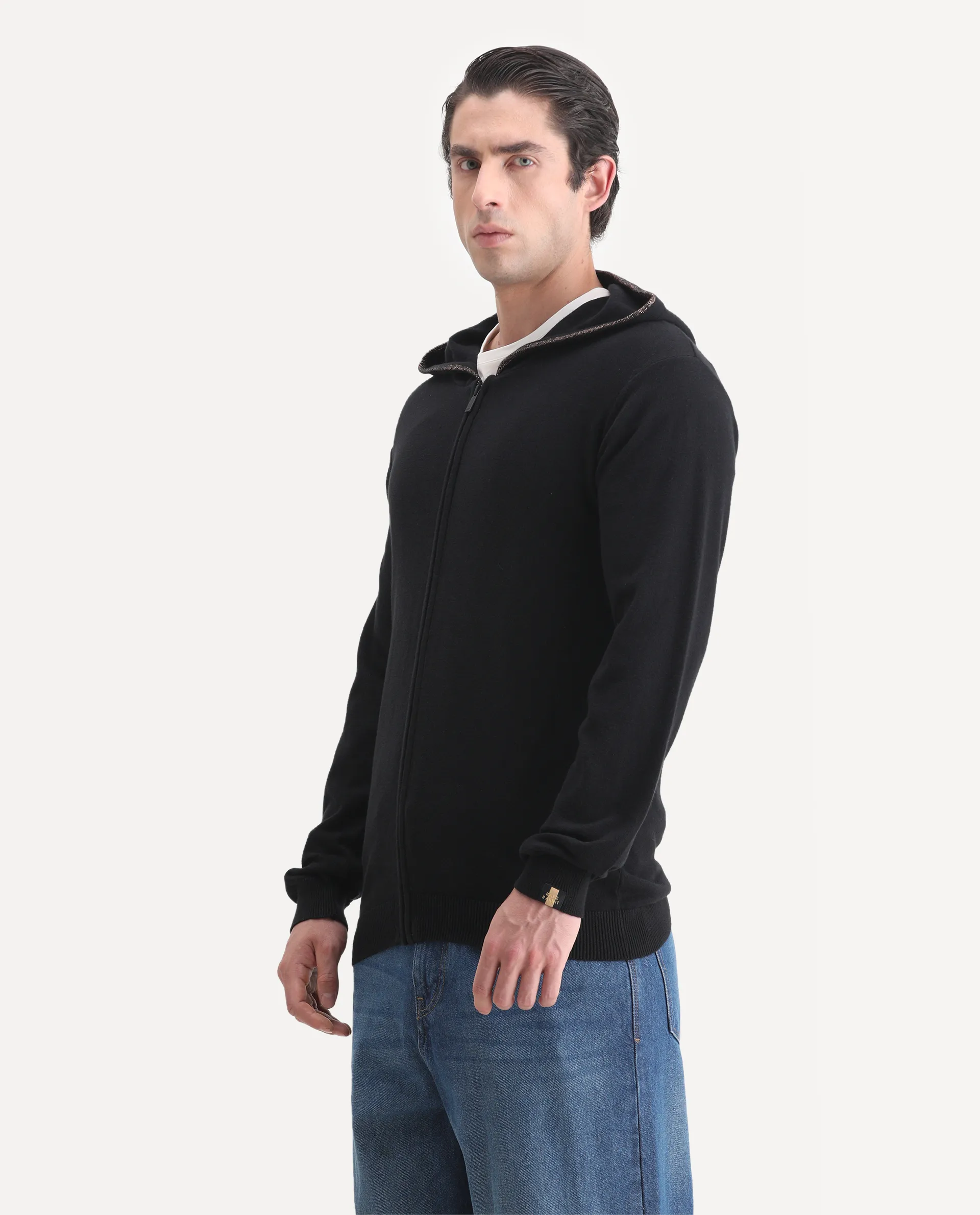 Rare Rabbit Men's Zarry Black Cotton Plain Regular Fit Full Sleeve Hooded Jacket - Image 3