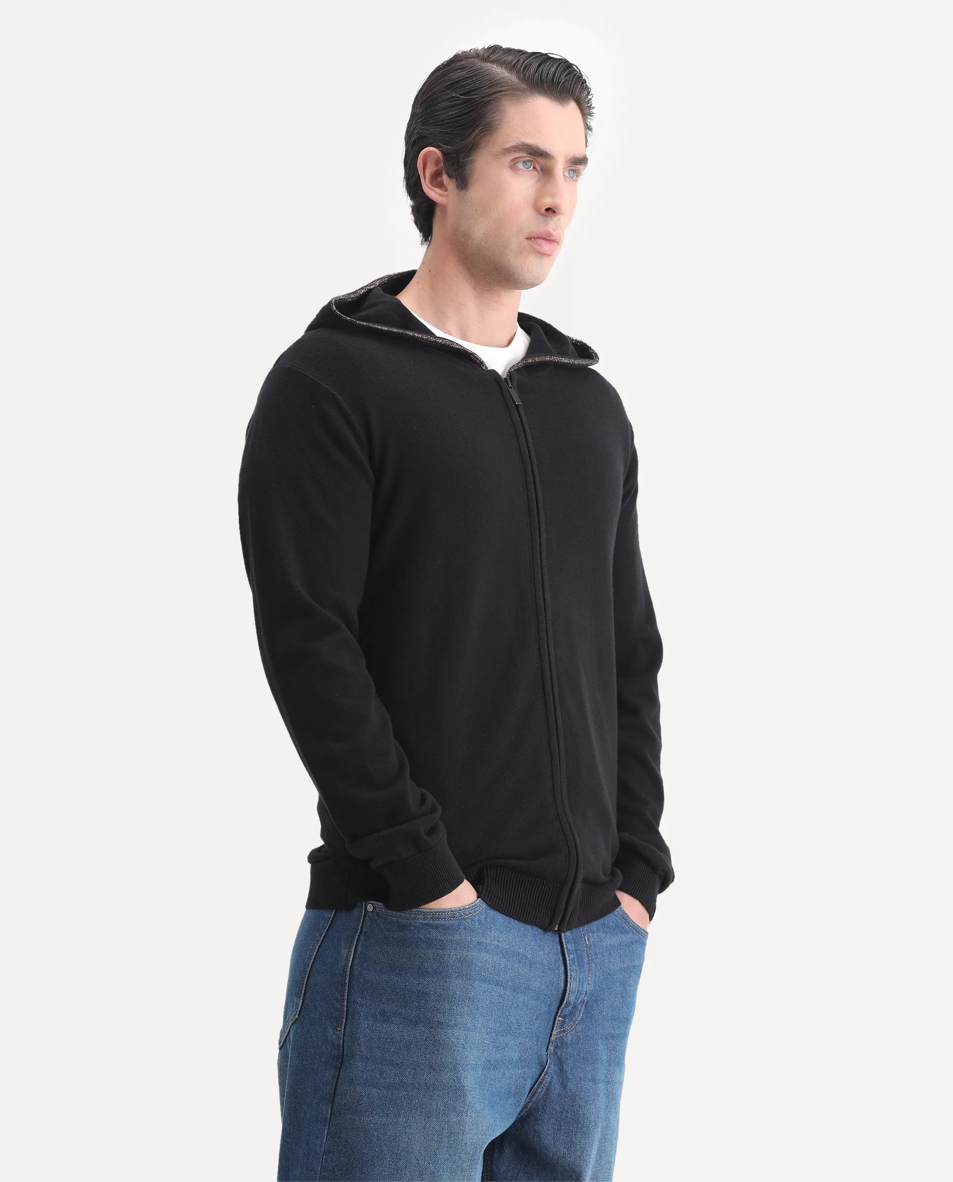 Rare Rabbit Men's Zarry Black Cotton Plain Regular Fit Full Sleeve Hooded Jacket - Image 4