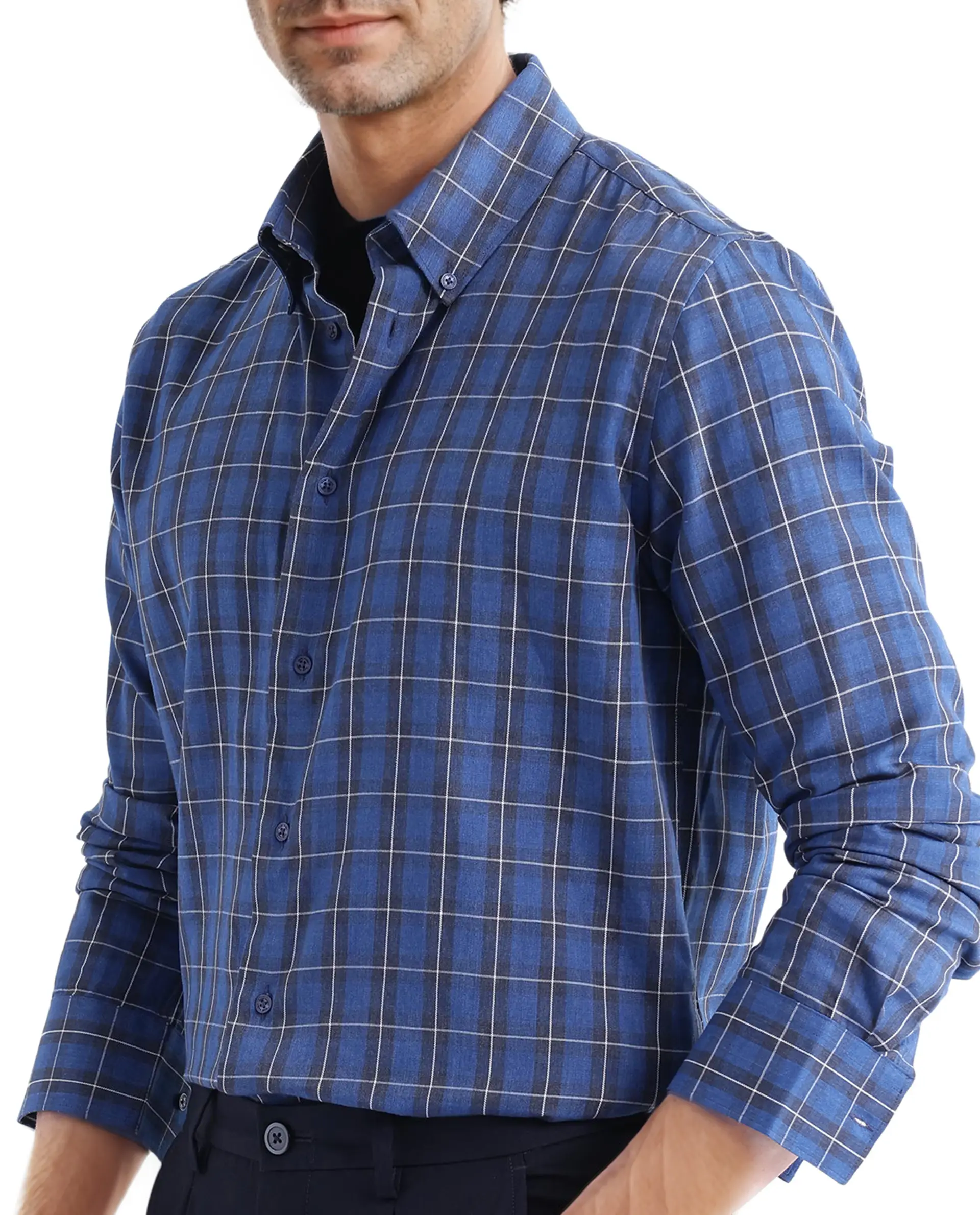 Rare Rabbit Men's Zary Dark Blue Checked Print Regular Fit Full Sleeve Collared Shirt - Image 3