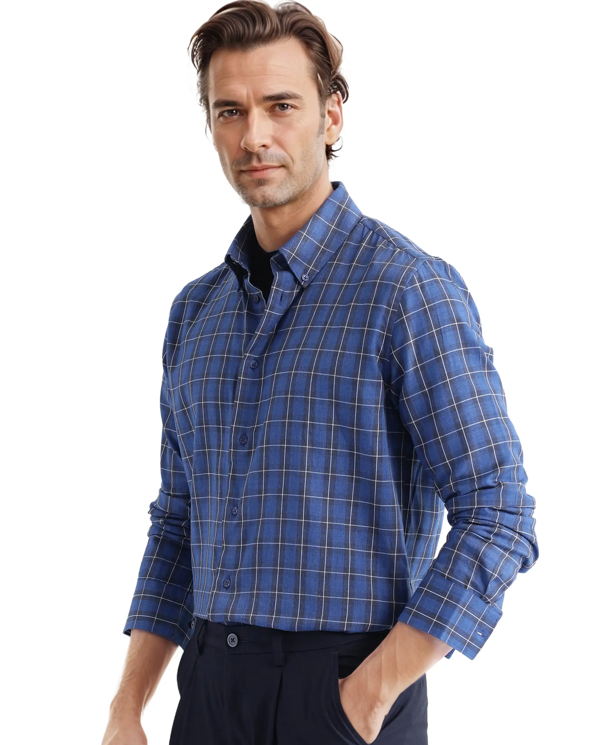 Rare Rabbit Men's Zary Dark Blue Checked Print Regular Fit Full Sleeve Collared Shirt - Image 5