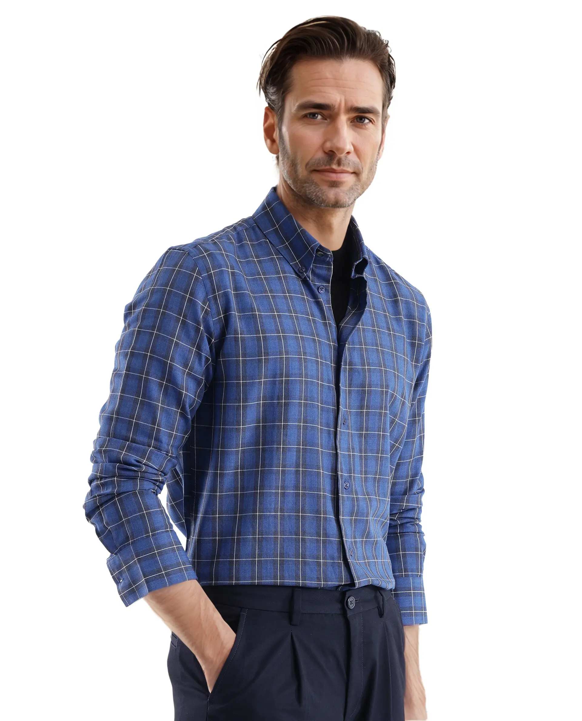 Rare Rabbit Men's Zary Dark Blue Checked Print Regular Fit Full Sleeve Collared Shirt - Image 6