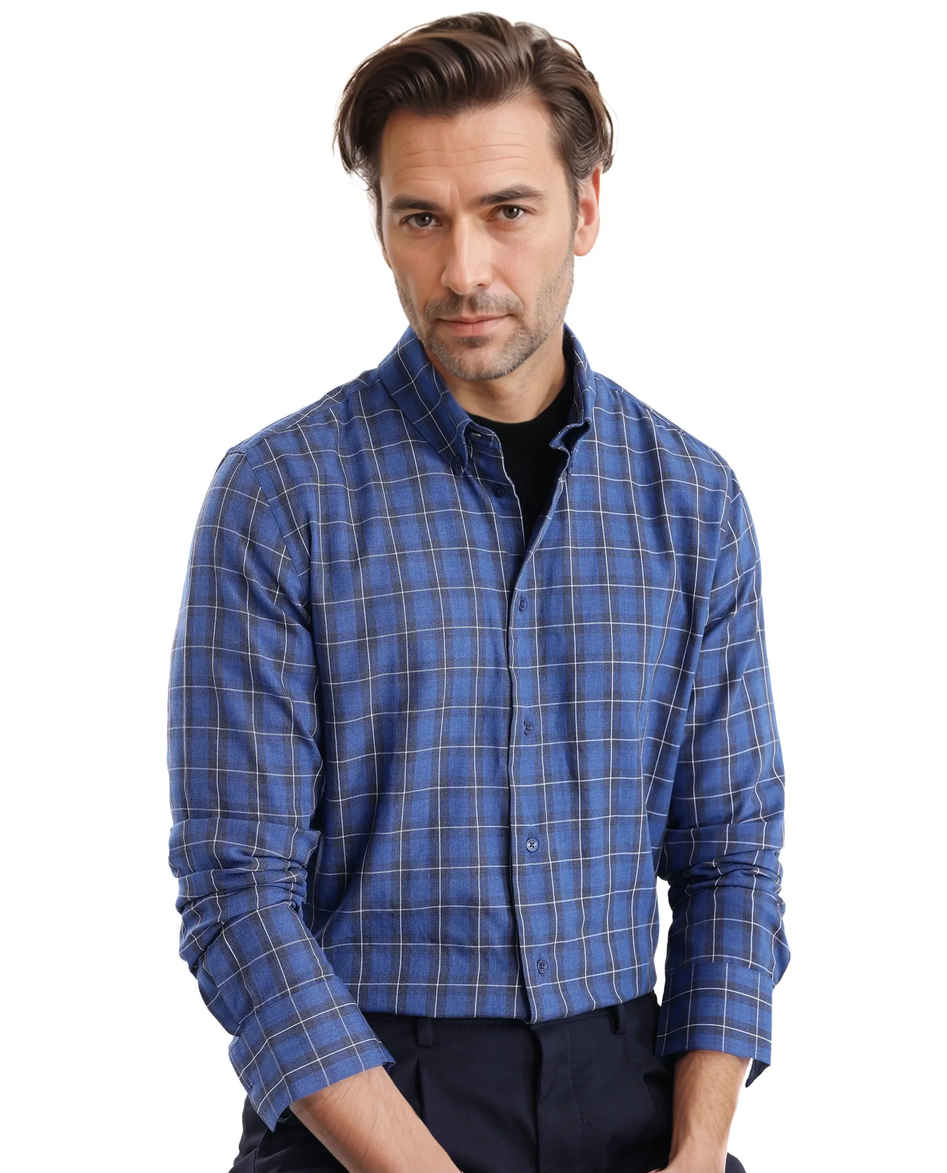 Rare Rabbit Men's Zary Dark Blue Checked Print Regular Fit Full Sleeve Collared Shirt - Image 8