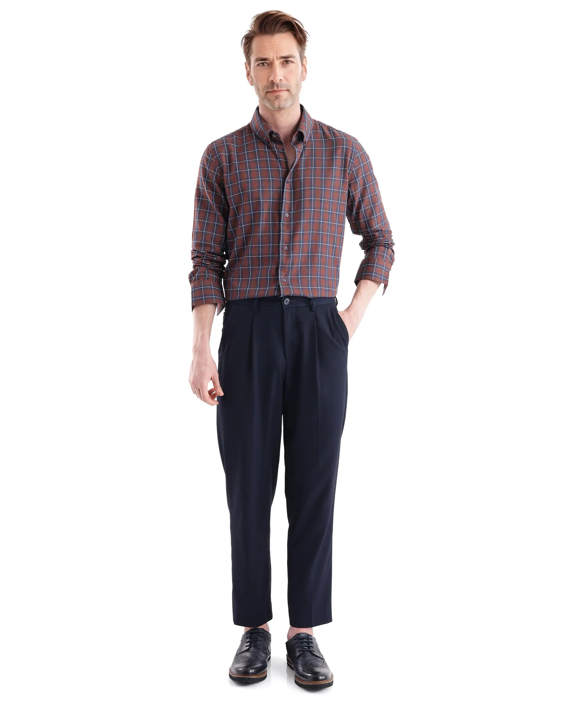 Rare Rabbit Men's Zary Brown Cotton Checked Print Regular Fit Full Sleeve Collared Shirt - Image 2