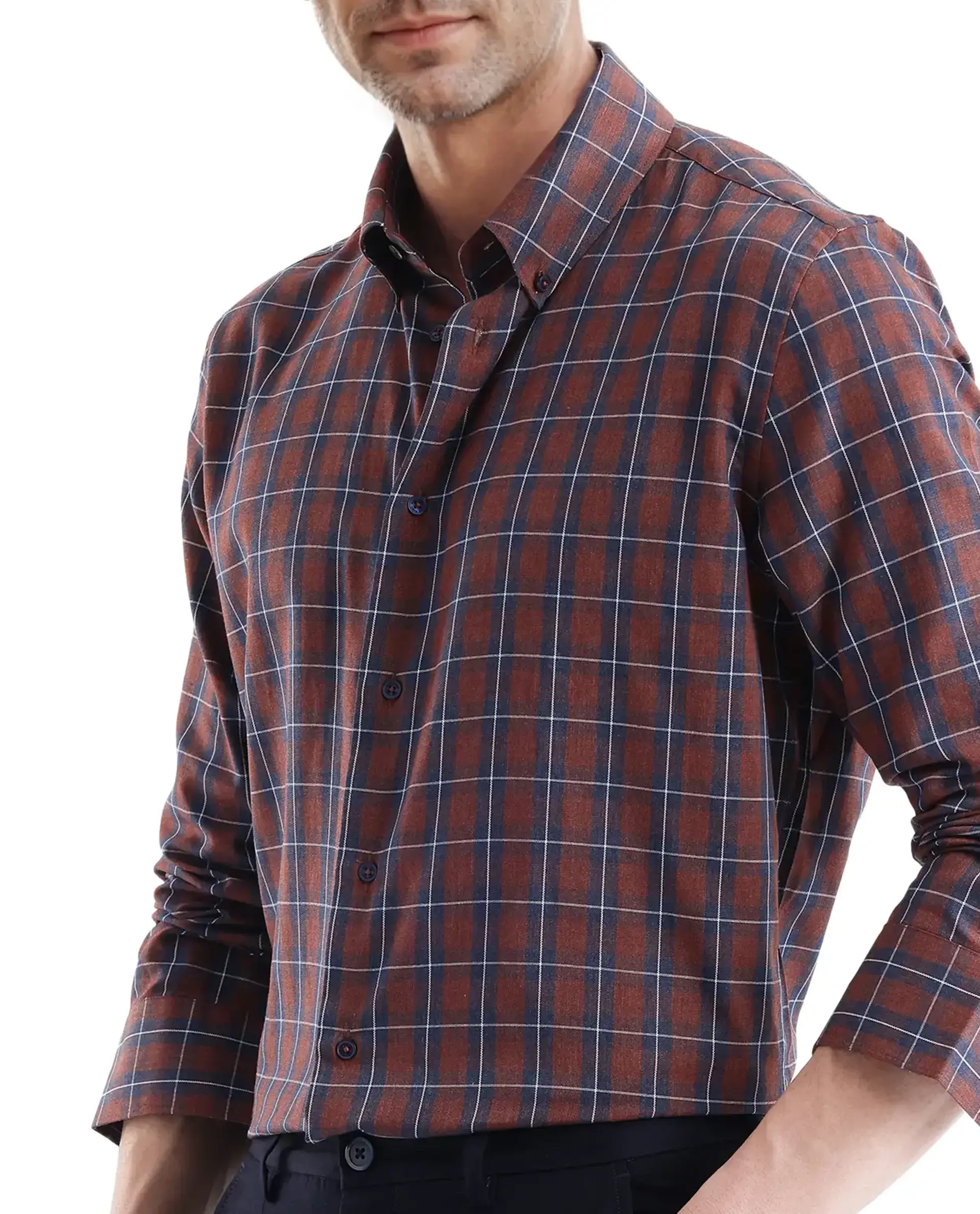Rare Rabbit Men's Zary Brown Cotton Checked Print Regular Fit Full Sleeve Collared Shirt - Image 3