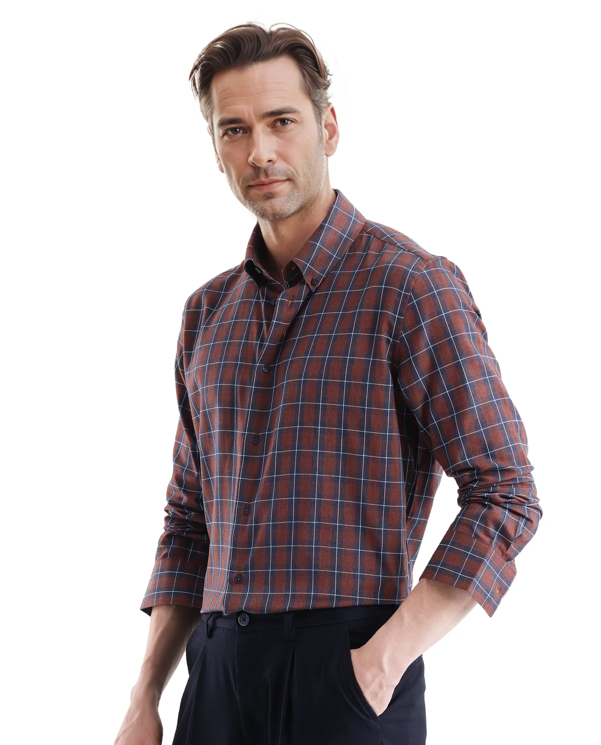 Rare Rabbit Men's Zary Brown Cotton Checked Print Regular Fit Full Sleeve Collared Shirt - Image 5
