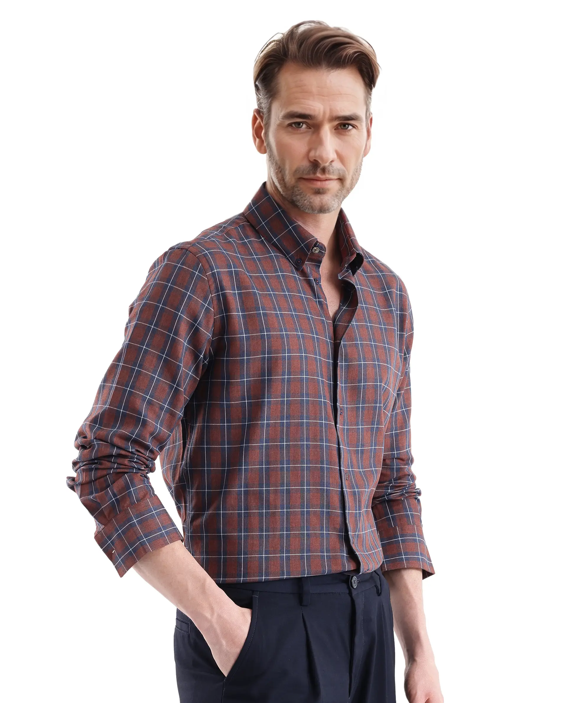 Rare Rabbit Men's Zary Brown Cotton Checked Print Regular Fit Full Sleeve Collared Shirt - Image 6