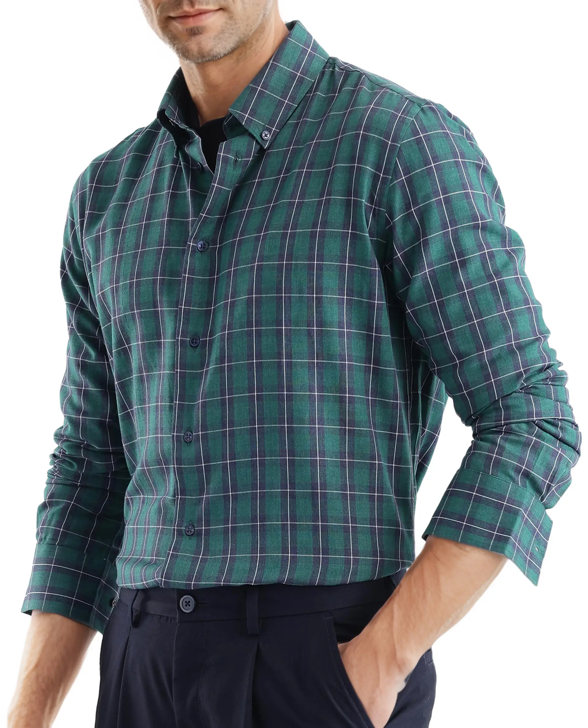 Rare Rabbit Men's Zary Dark Green Cotton Checked Print Regular Fit Full Sleeve Collared Shirt - Image 3