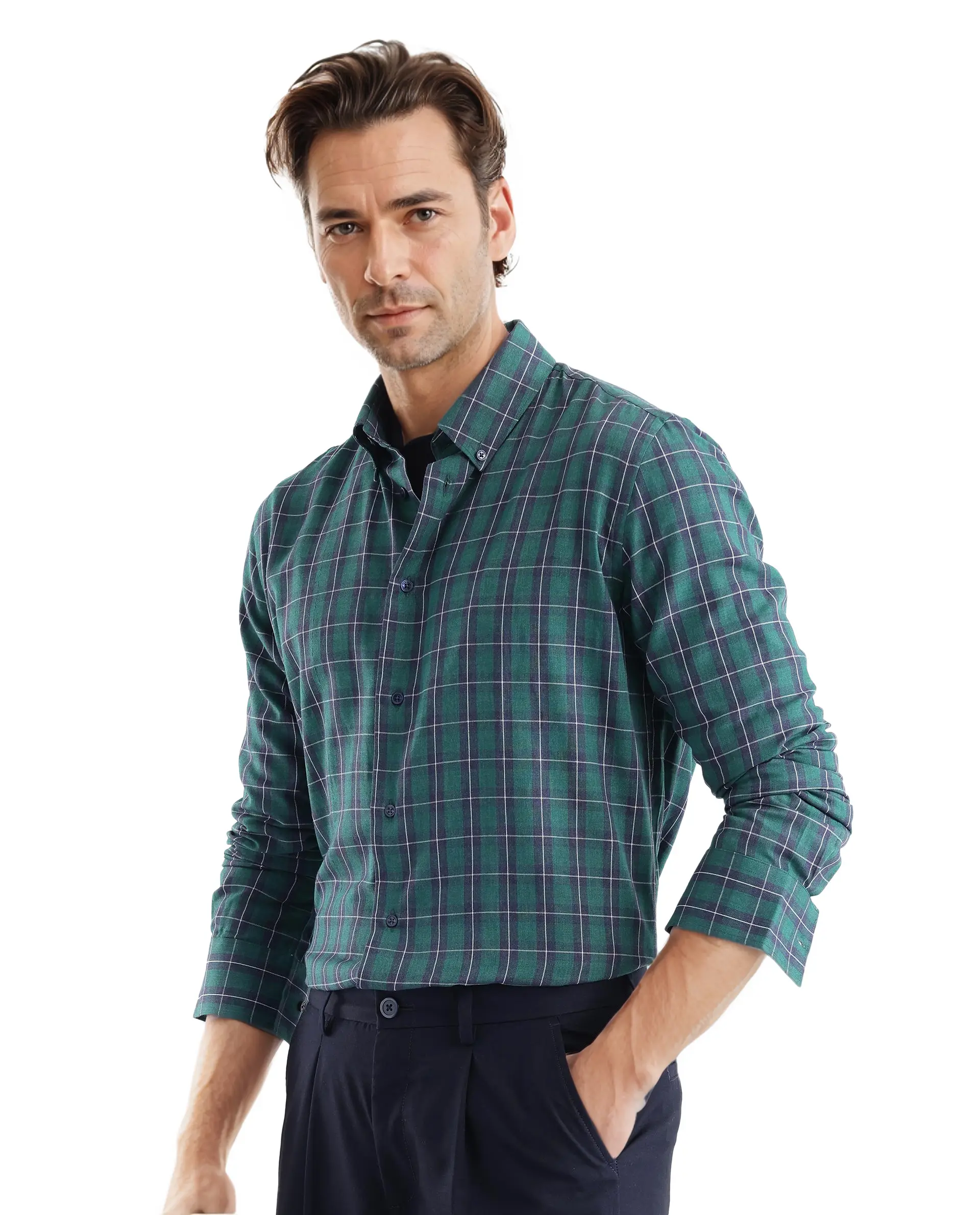 Rare Rabbit Men's Zary Dark Green Cotton Checked Print Regular Fit Full Sleeve Collared Shirt - Image 5