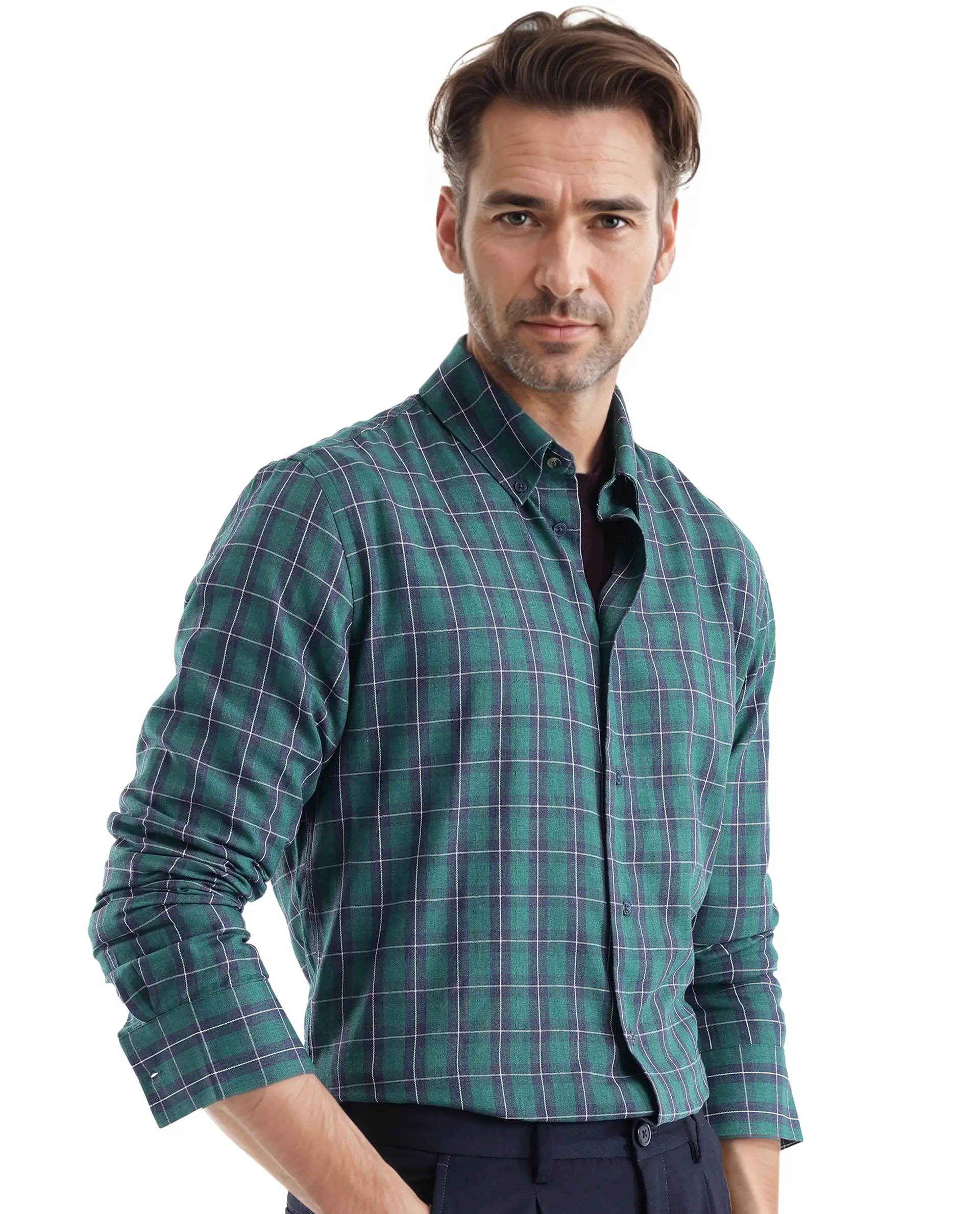 Rare Rabbit Men's Zary Dark Green Cotton Checked Print Regular Fit Full Sleeve Collared Shirt - Image 6