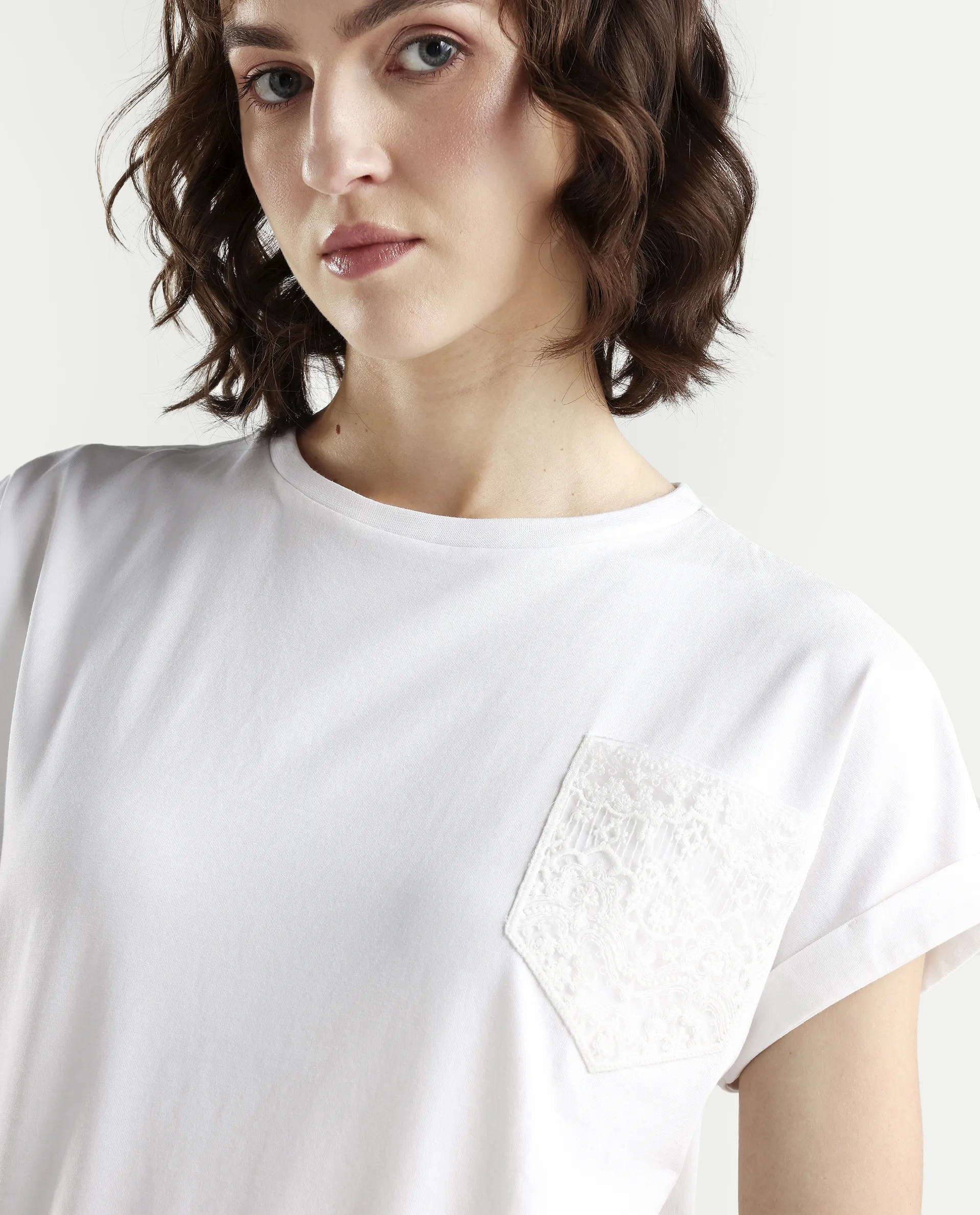 Rareism Women's Off White White Cotton Blend Half Sleeve Relaxed Fit Plain T-Shirt - Image 4