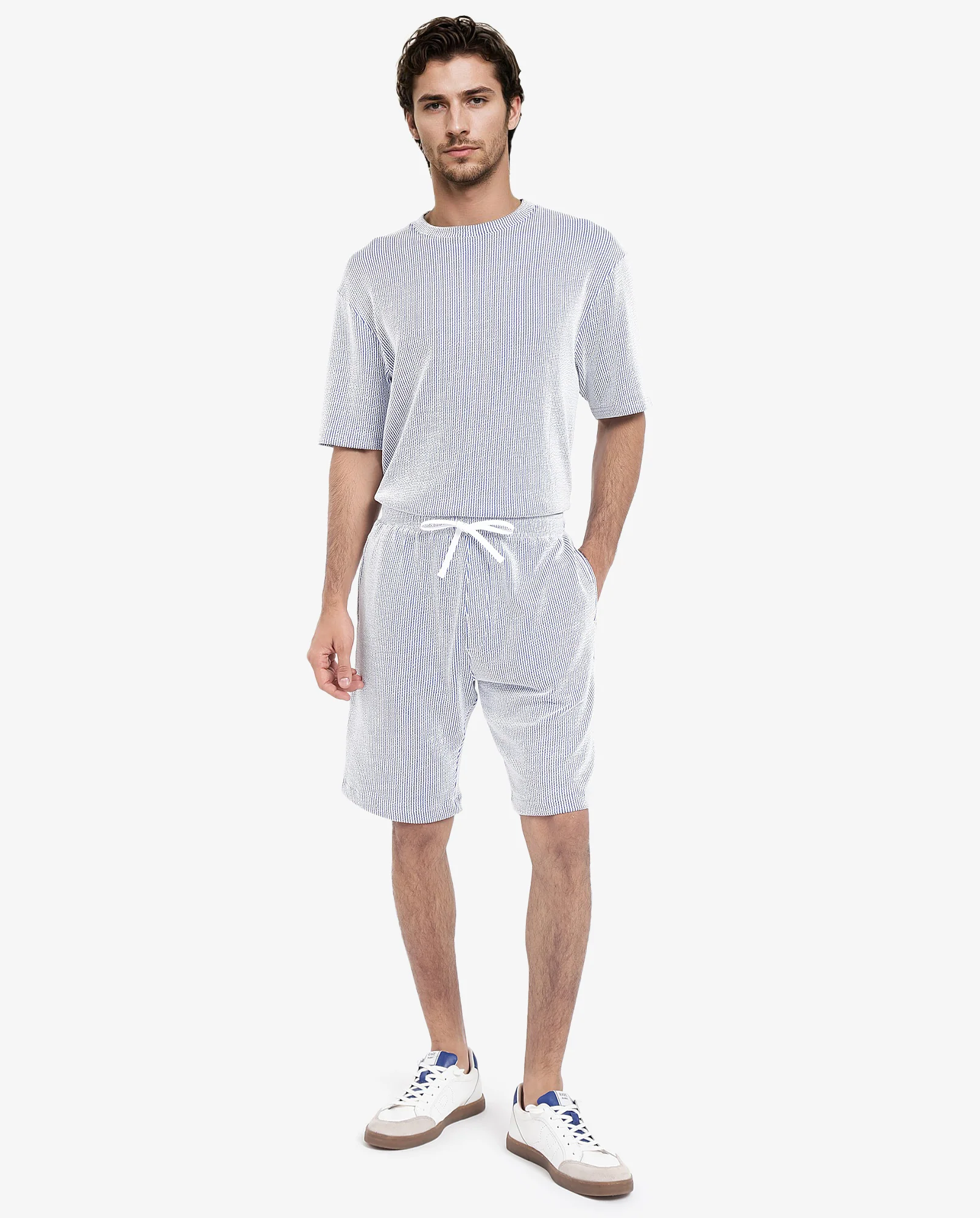 Rare Rabbit Men's Zavet-B Blue Cotton Blend Striped Print Regular Fit Shorts - Image 2