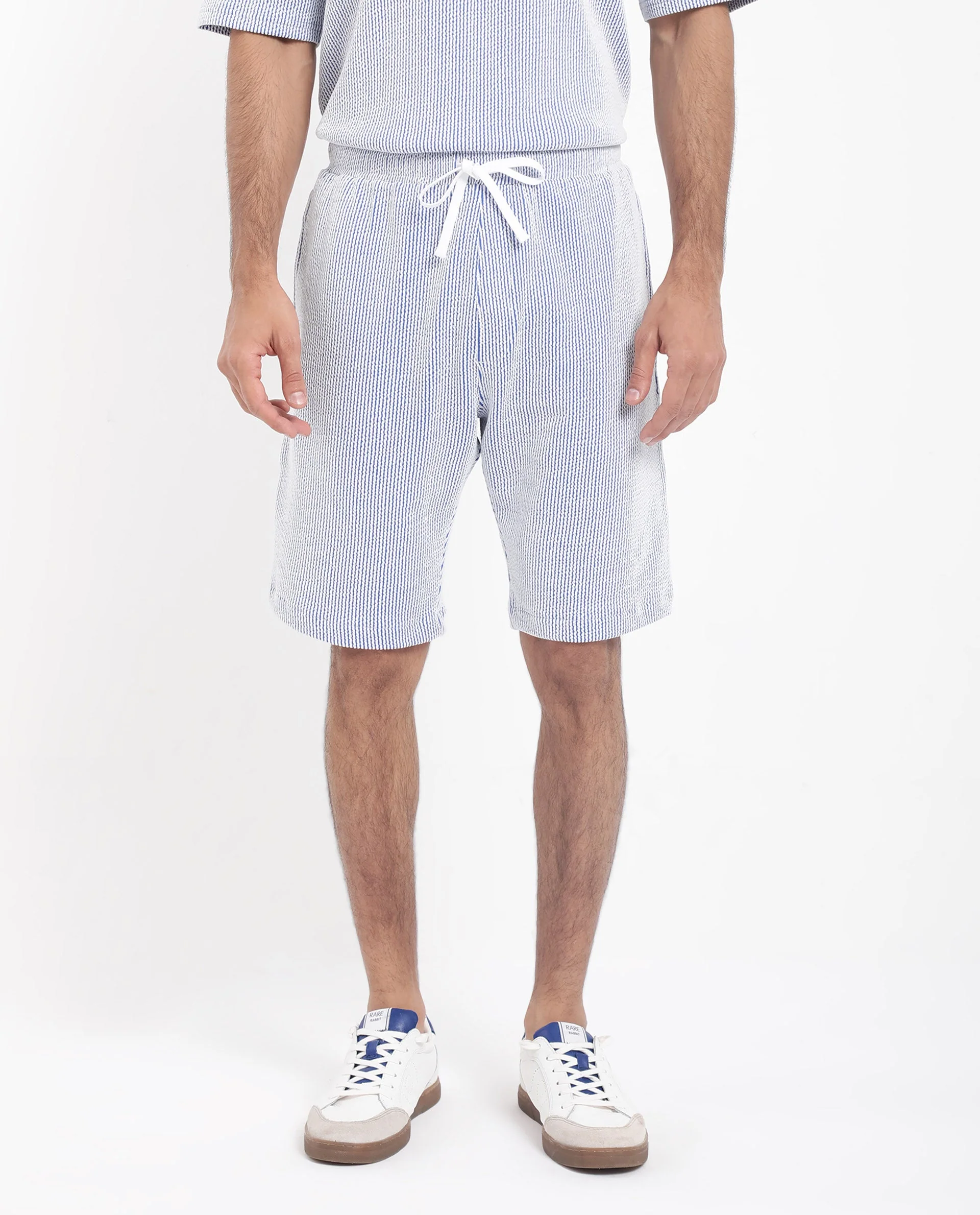 Rare Rabbit Men's Zavet-B Blue Cotton Blend Striped Print Regular Fit Shorts - Image 6