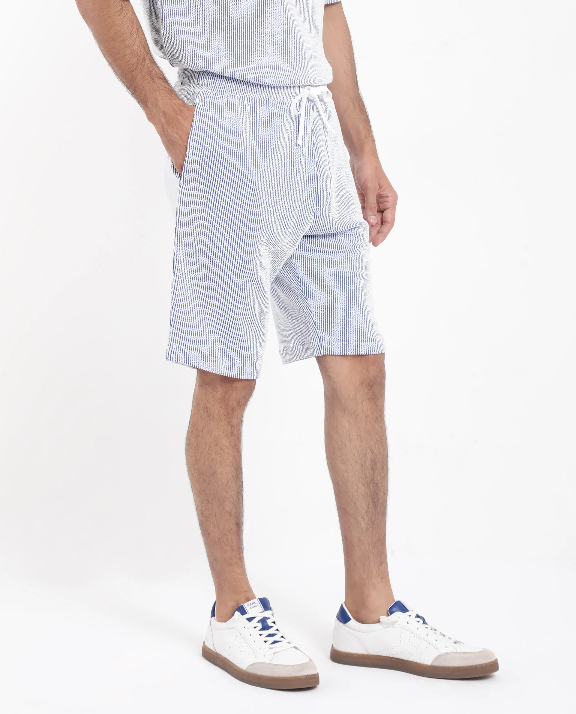 Rare Rabbit Men's Zavet-B Blue Cotton Blend Striped Print Regular Fit Shorts - Image 7