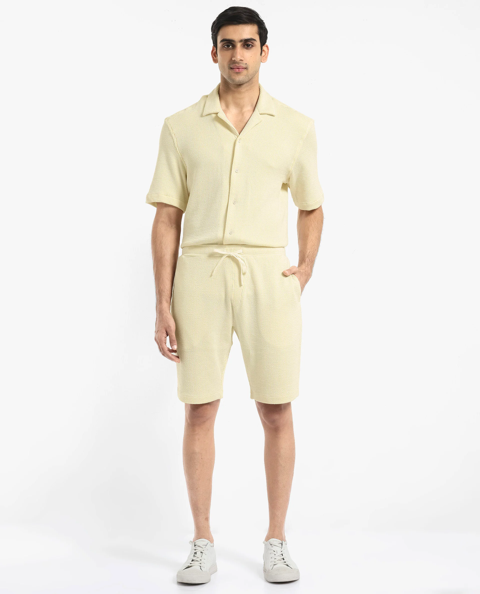 Rare Rabbit Men's Zavet-B Flouroscent Yellow Cotton Blend Striped Print Regular Fit Shorts - Image 2