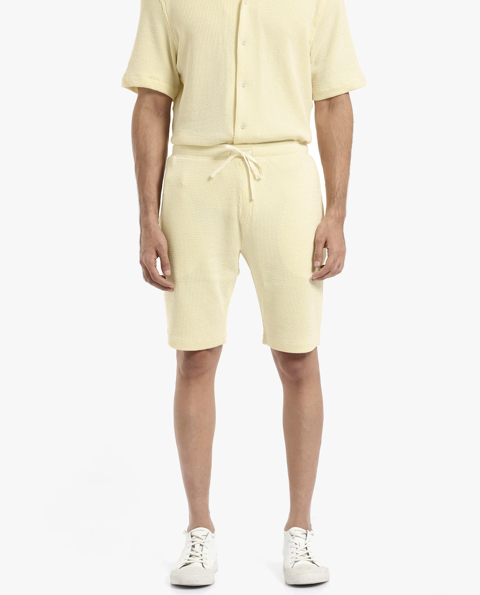 Rare Rabbit Men's Zavet-B Flouroscent Yellow Cotton Blend Striped Print Regular Fit Shorts - Image 3