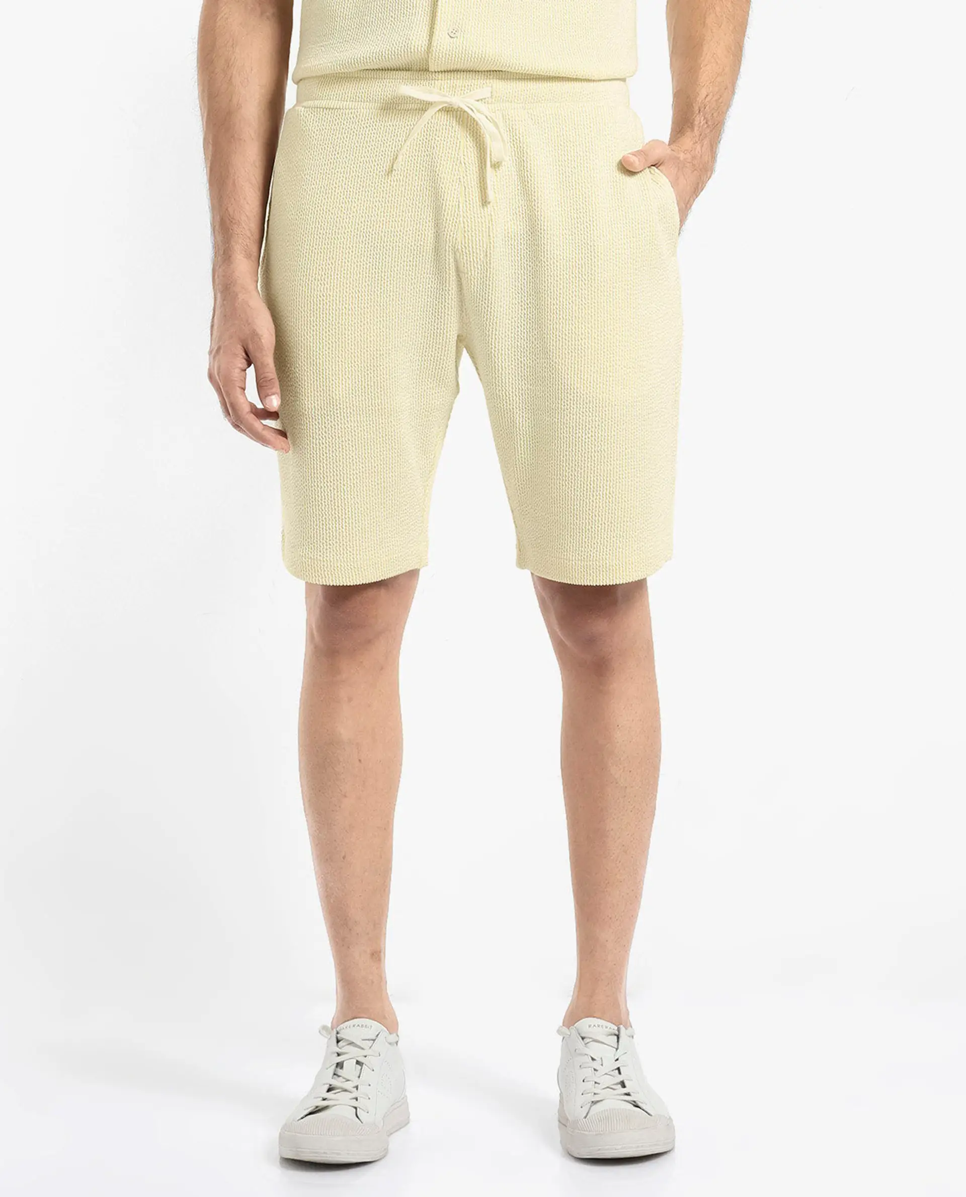 Rare Rabbit Men's Zavet-B Flouroscent Yellow Cotton Blend Striped Print Regular Fit Shorts - Image 8