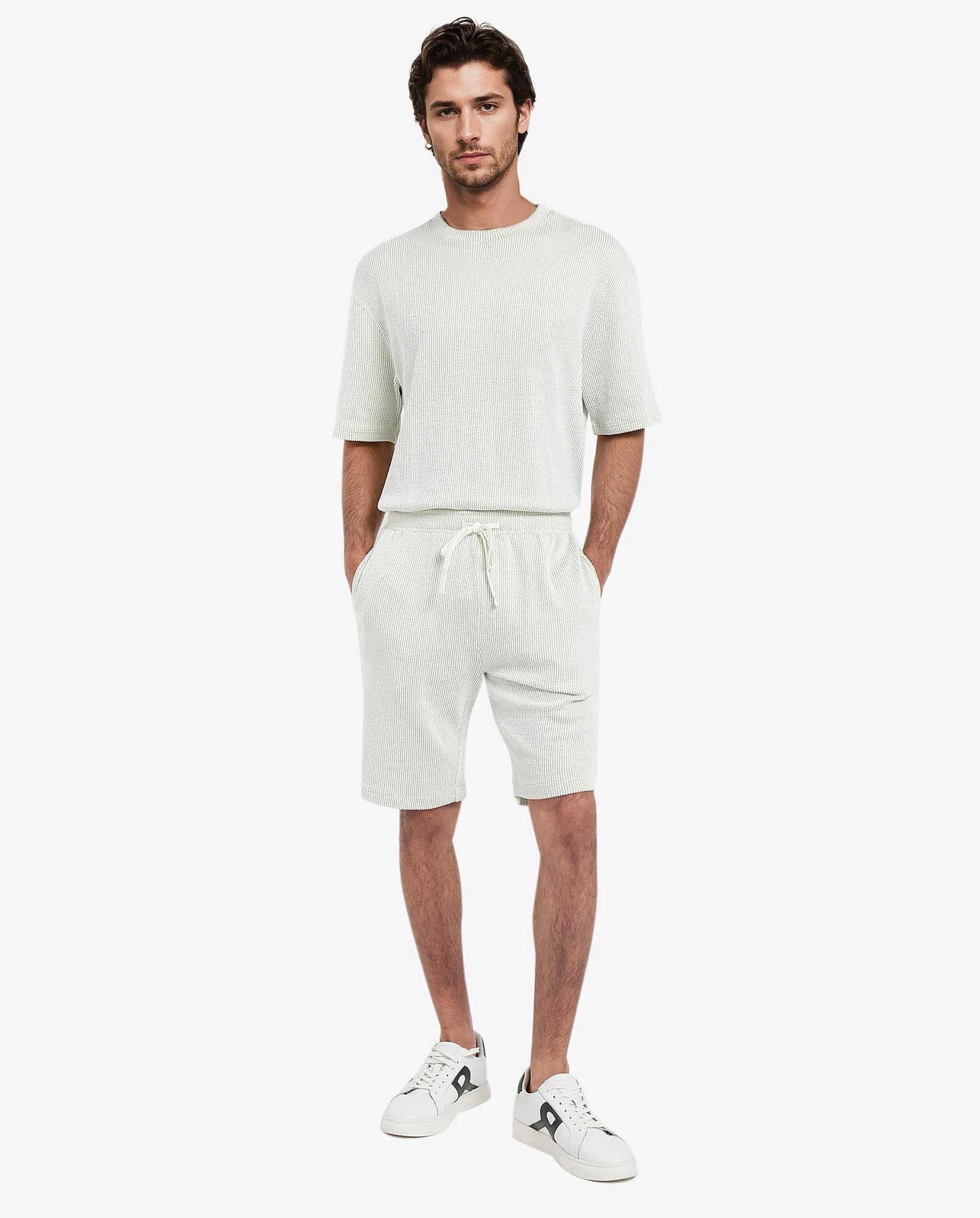 Rare Rabbit Men's Zavet-B Light Green Cotton Blend Striped Print Regular Fit Shorts - Image 2