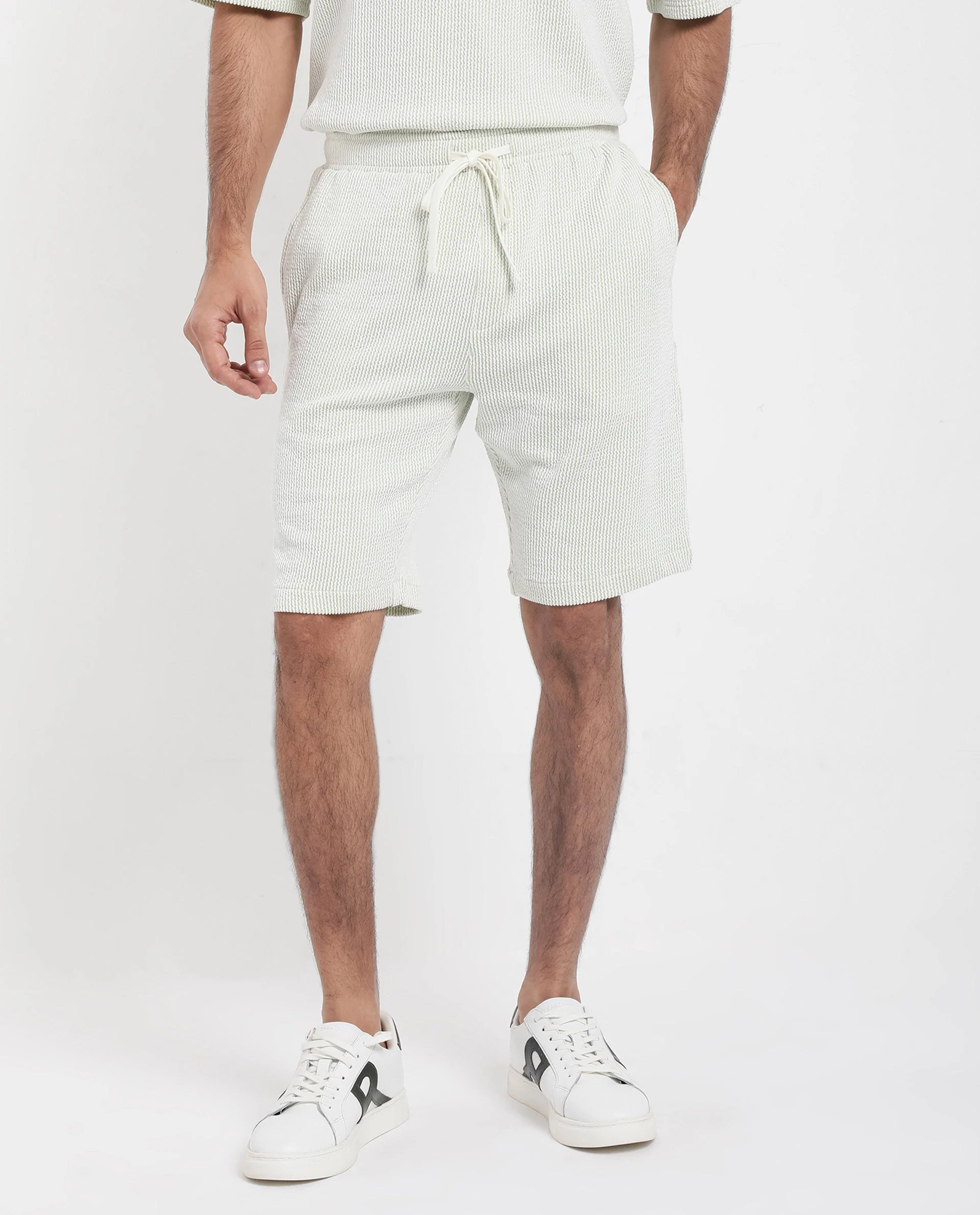 Rare Rabbit Men's Zavet-B Light Green Cotton Blend Striped Print Regular Fit Shorts - Image 5
