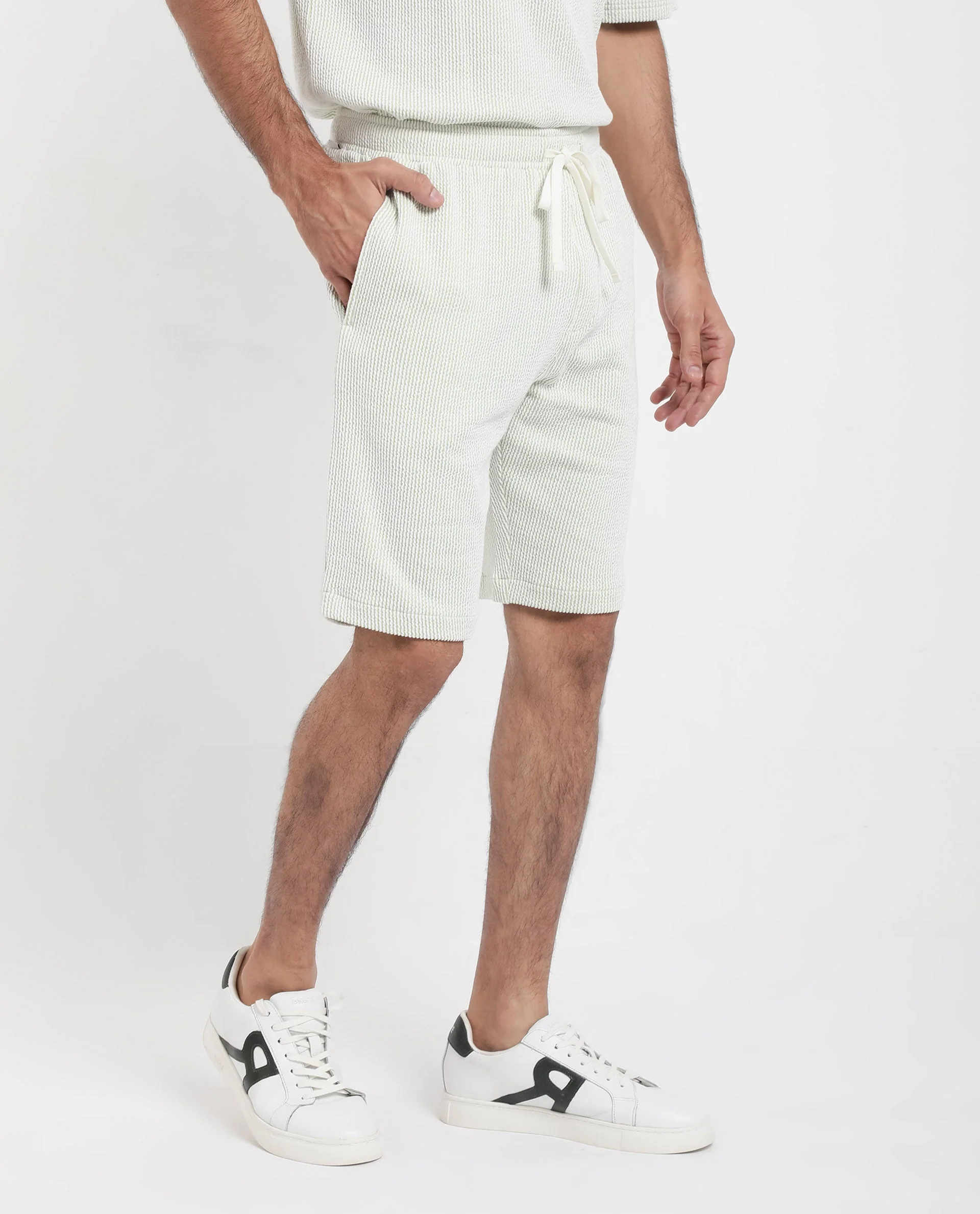 Rare Rabbit Men's Zavet-B Light Green Cotton Blend Striped Print Regular Fit Shorts - Image 7