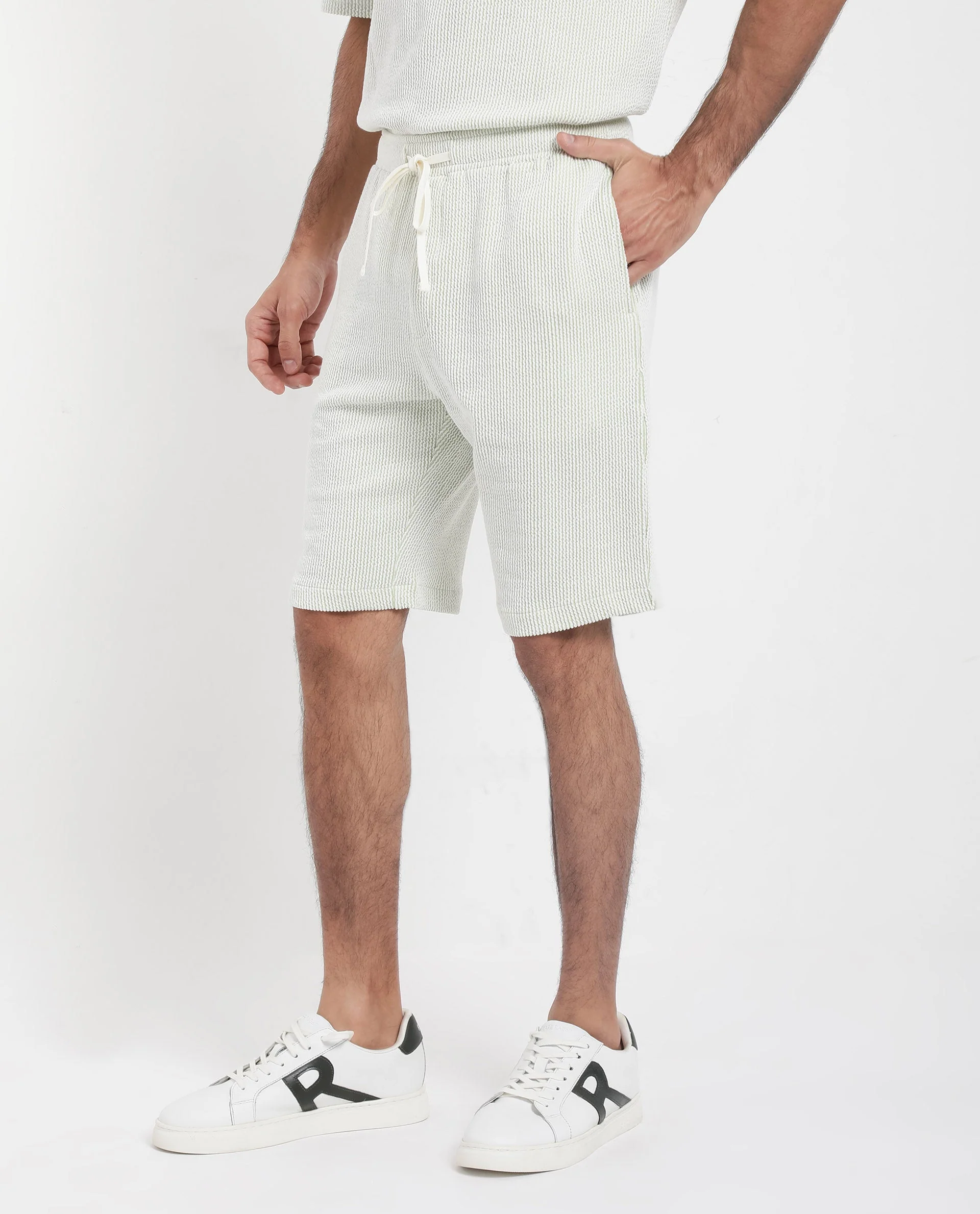 Rare Rabbit Men's Zavet-B Light Green Cotton Blend Striped Print Regular Fit Shorts - Image 8