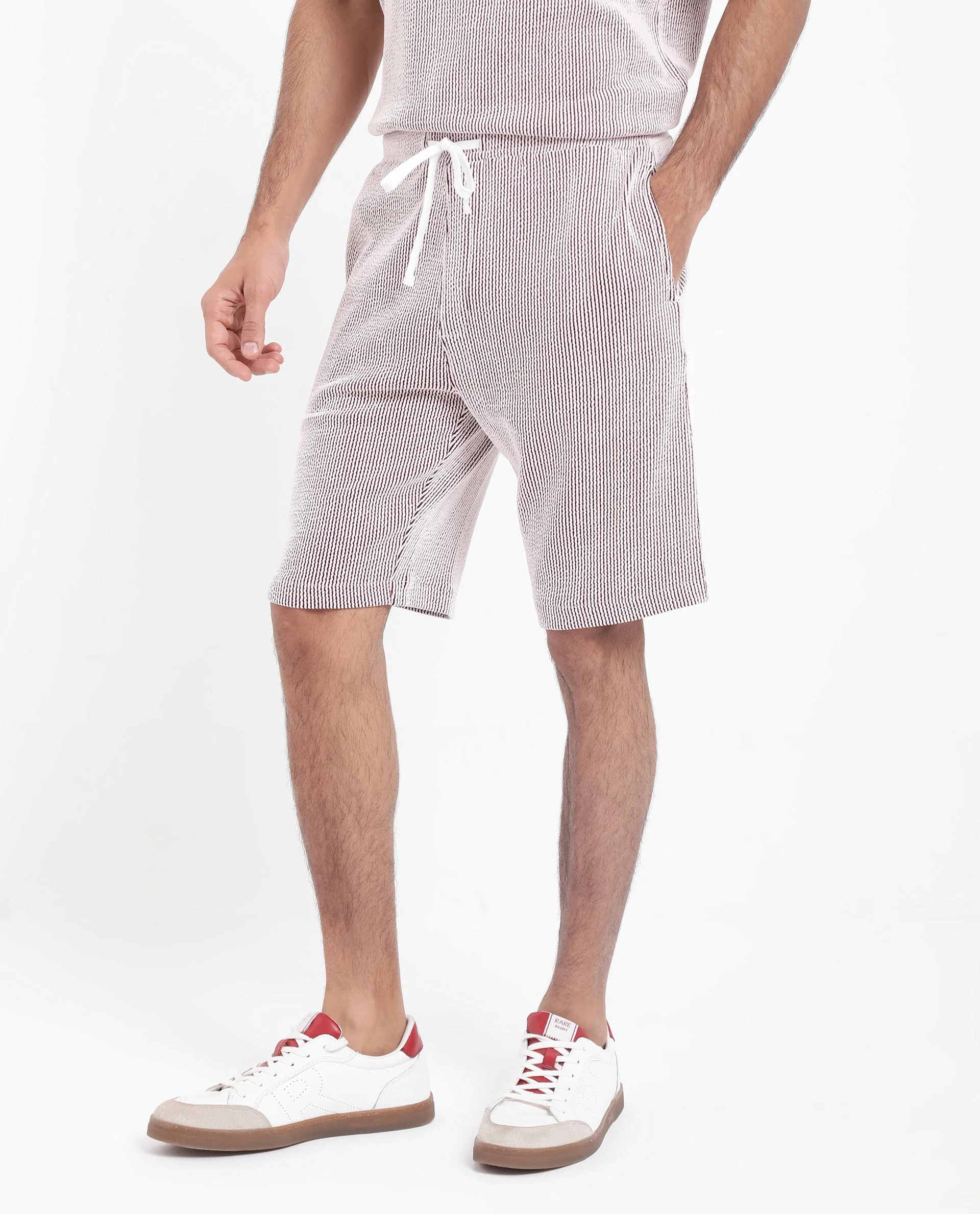 Rare Rabbit Men's Zavet-B Maroon Cotton Blend Striped Print Regular Fit Shorts - Image 5