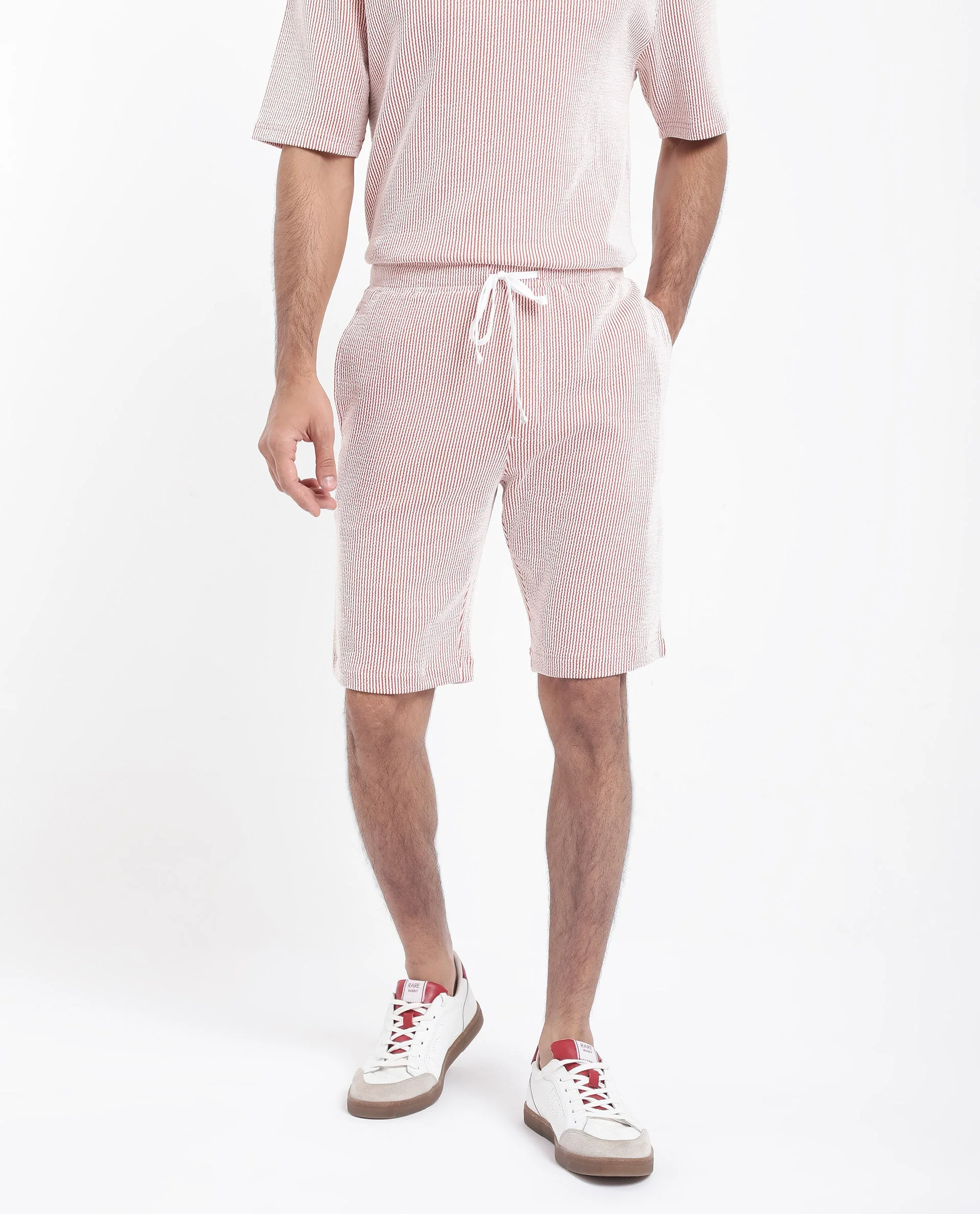 Rare Rabbit Men's Zavet-B Rust Cotton Blend Striped Print Regular Fit Shorts - Image 7