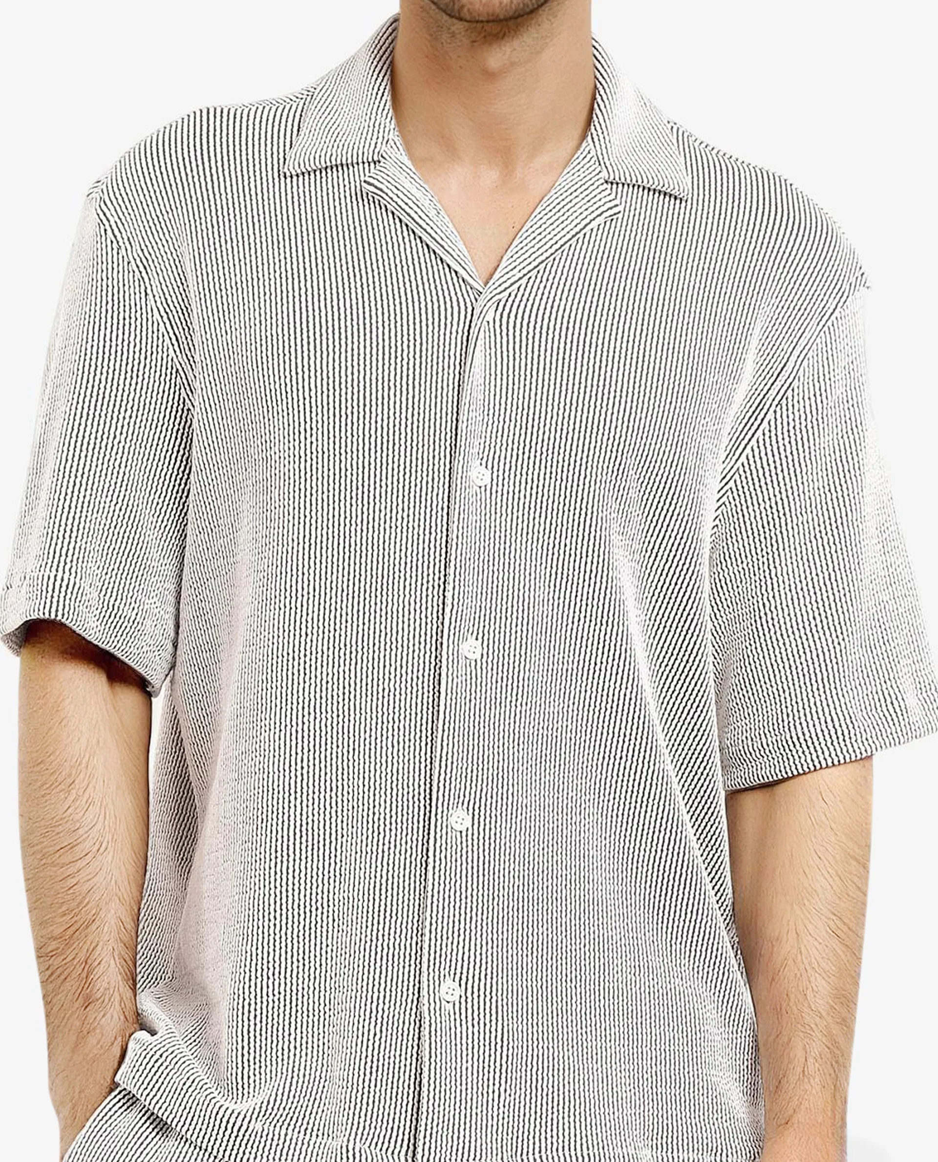 Rare Rabbit Men's Zavet-S Black Cotton Striped Print Boxy Fit Half Sleeve Cuban Collar Shirt - Image 5